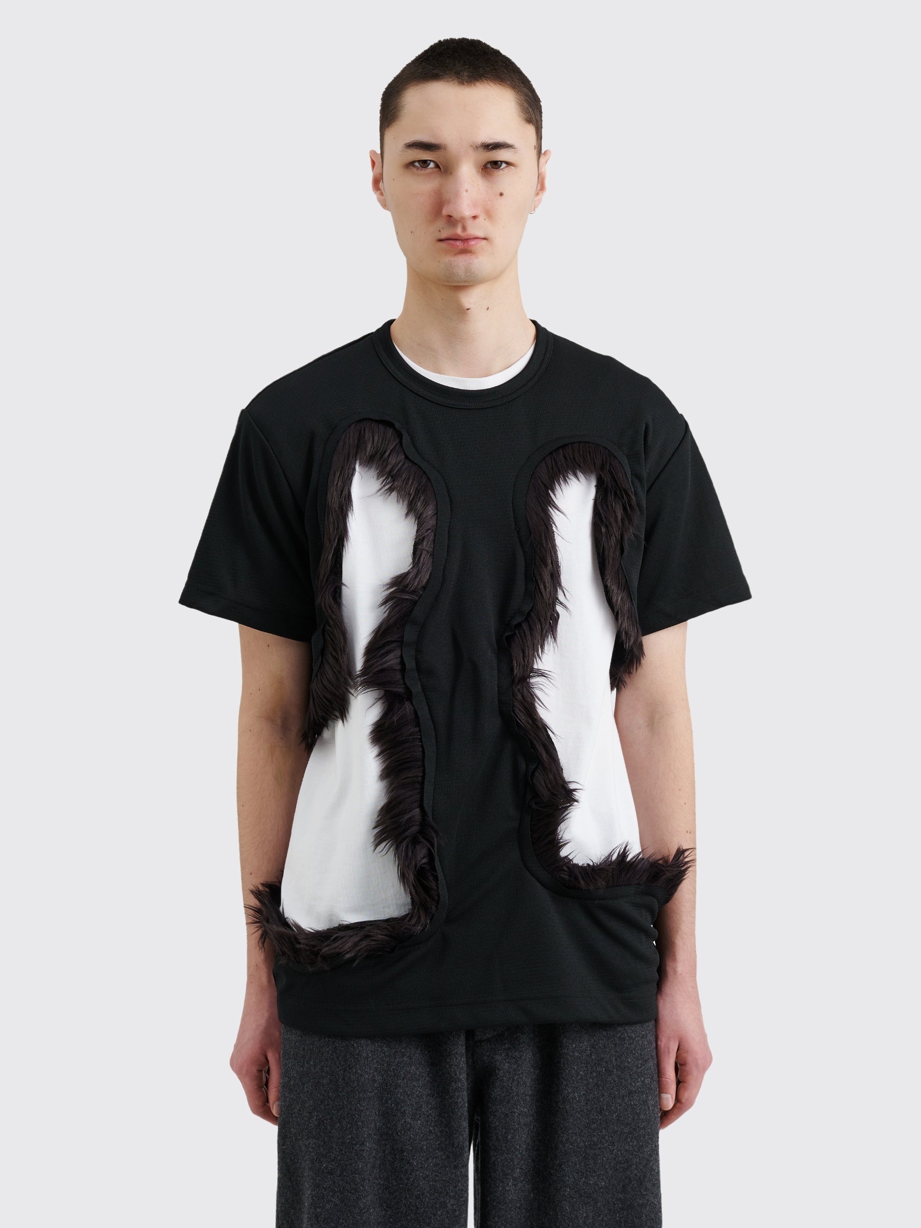 COMME DES GARÇONS HOMME PLUS FAKE FUR CUT-OUT MESH T-SHIRT BLACK - 1