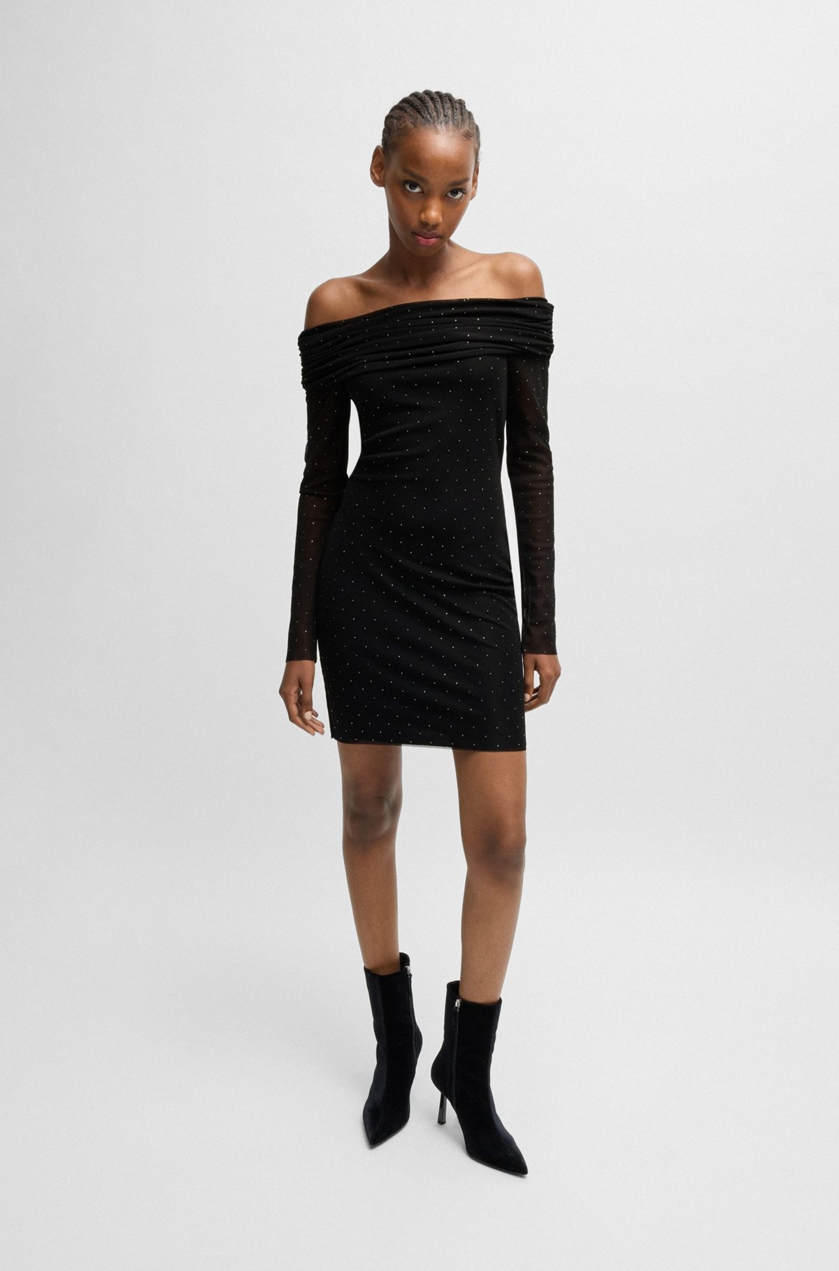 STRETCH-MESH DRESS WITH ALL-OVER RHINESTONE STUDS - 2