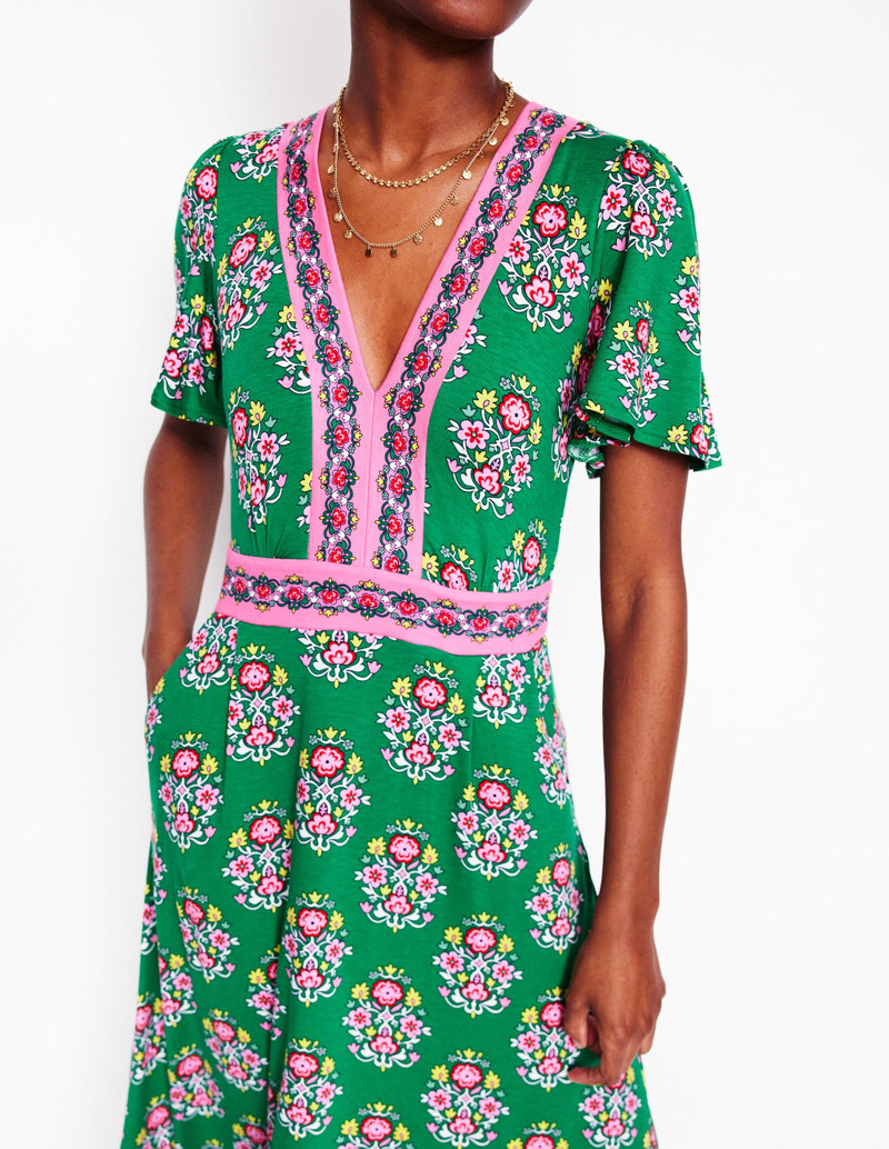 Ellie Flutter Maxi Tea Dress-Rich Emerald, Wildflower Stamp 4