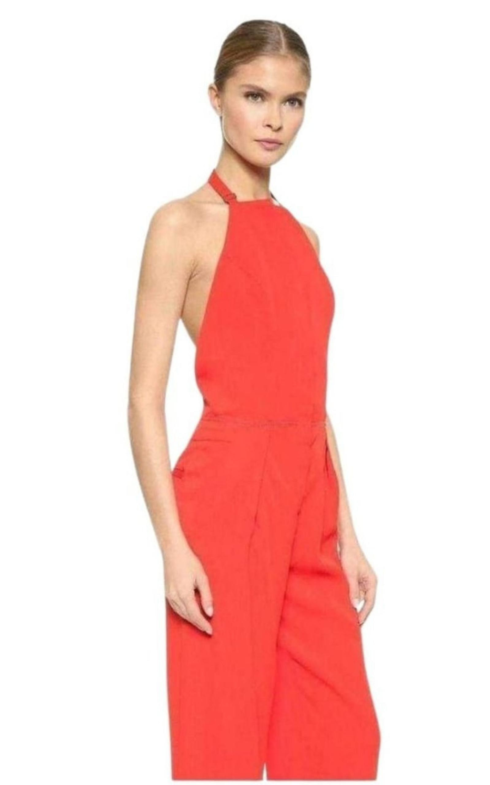 Red Open Back Sleeveless Silk Jumpsuit - 4