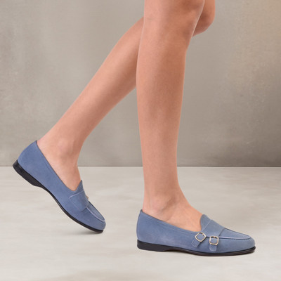 Santoni Women's light blue suede Andrea double-buckle loafer outlook