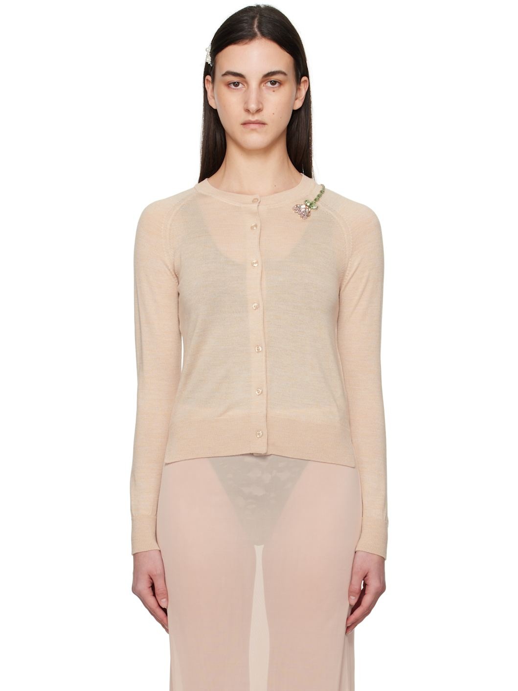 Beige Classic Long Sleeve Cardigan - 1