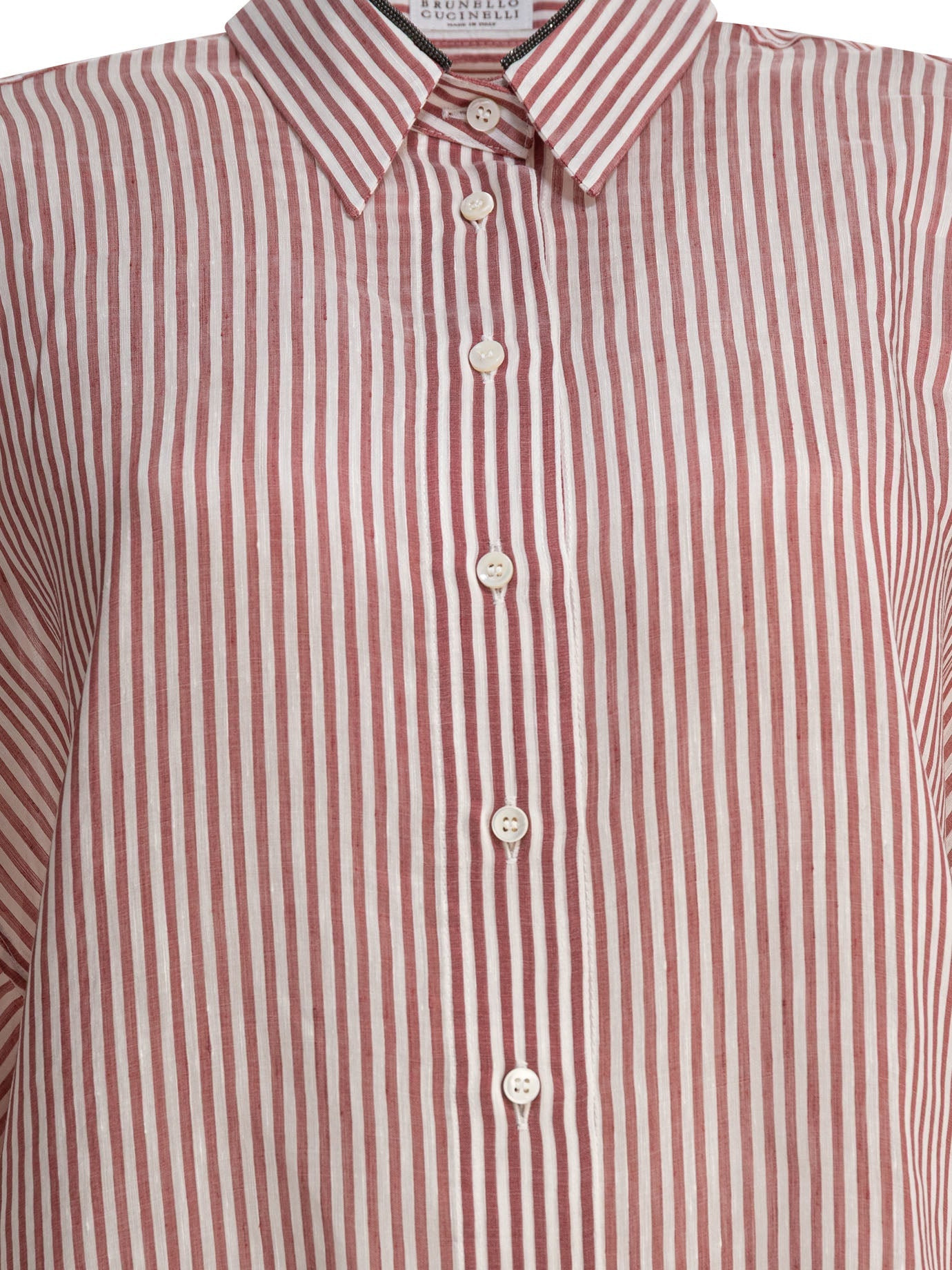 Brunello Cucinelli Women Linen And Silk Striped Organza Shirt With Shiny Collar Detail - 3