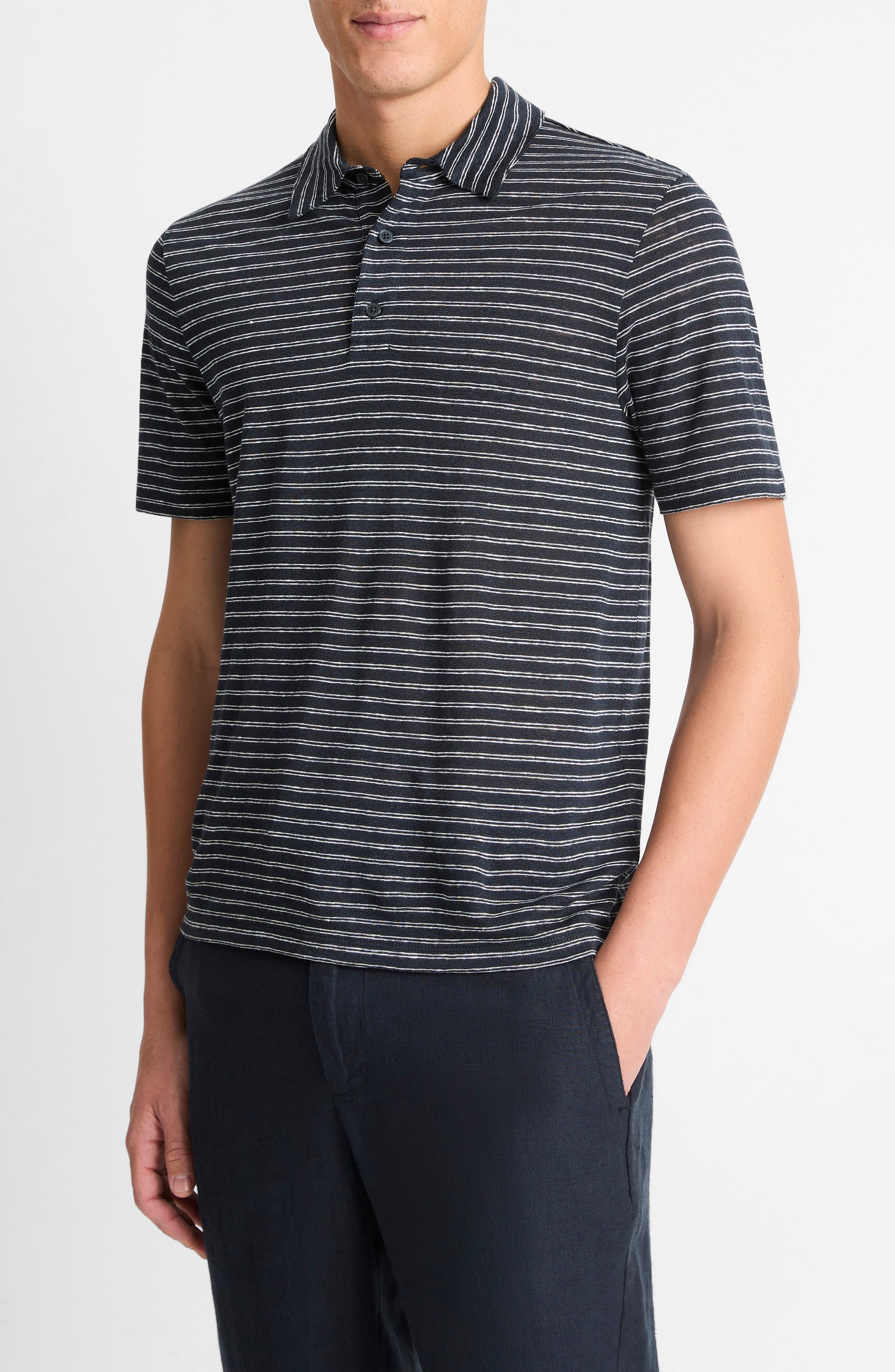 Vince Stripe Linen Polo in Coastal/Optic White at Nordstrom - 3