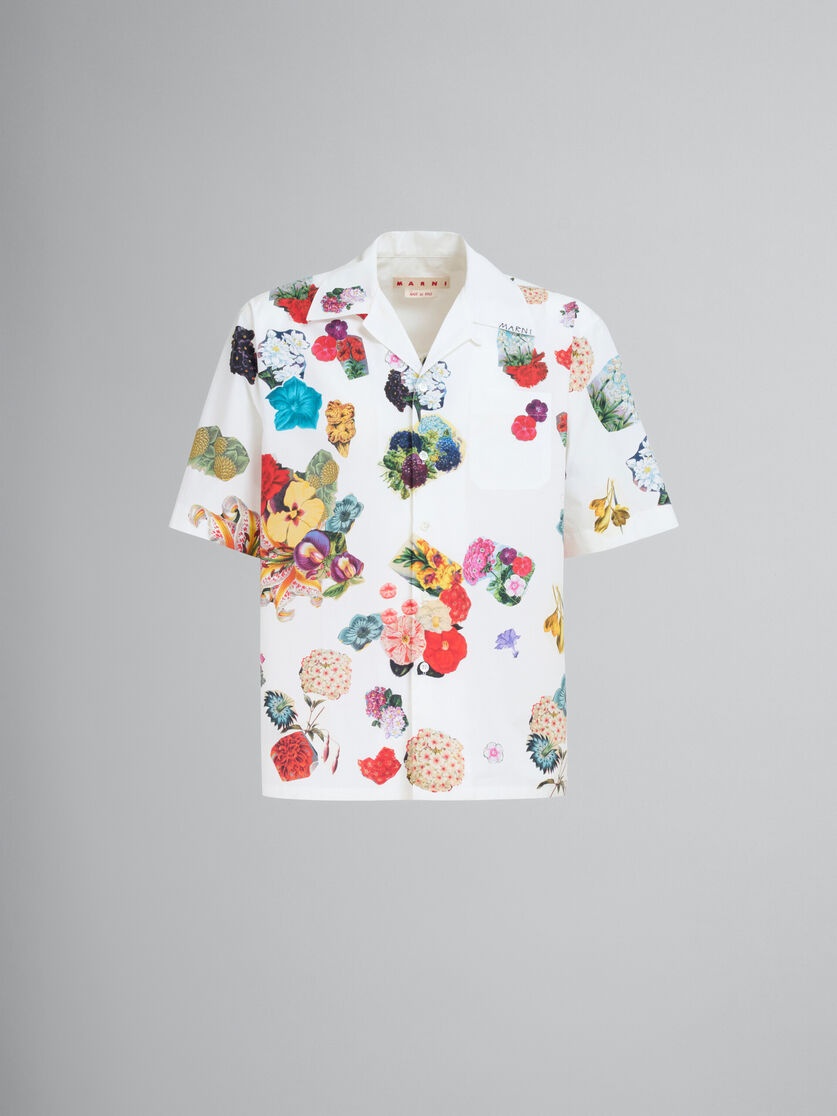WHITE POPLIN BOWLING SHIRT WITH FLOWER PRINTS - 1