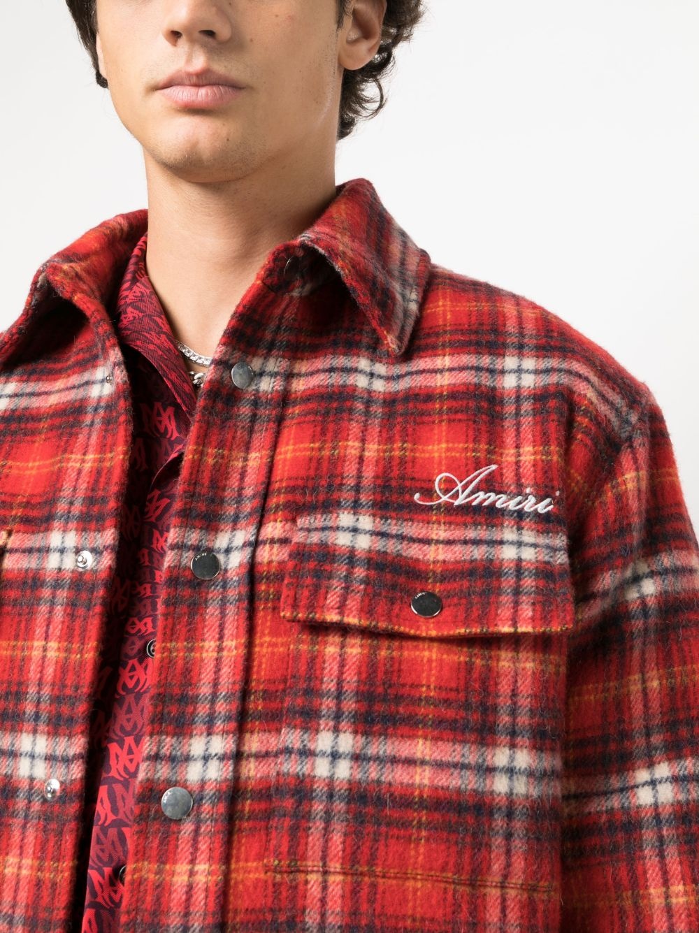 logo-embroidered plaid wool-blend overshirt - 5