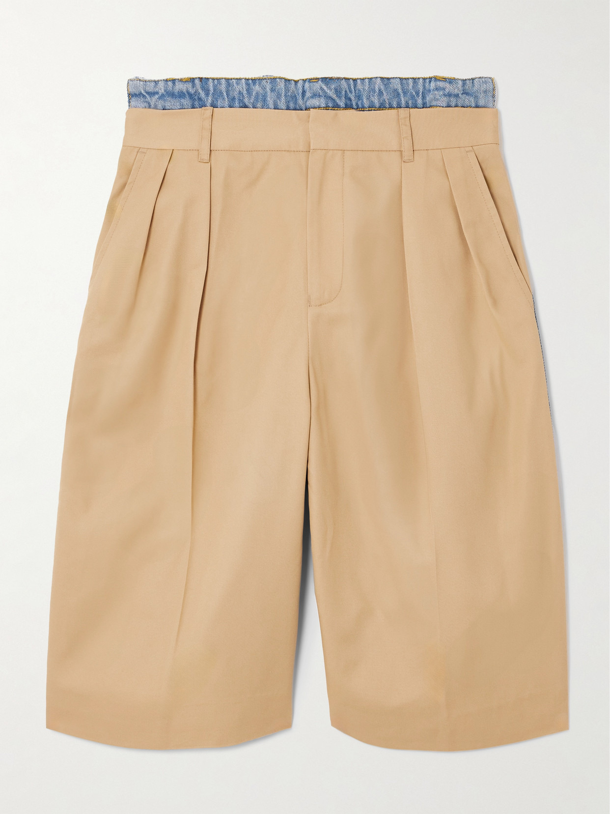 Denibermuda Pleated Cotton-gabardine And Denim Shorts - 1