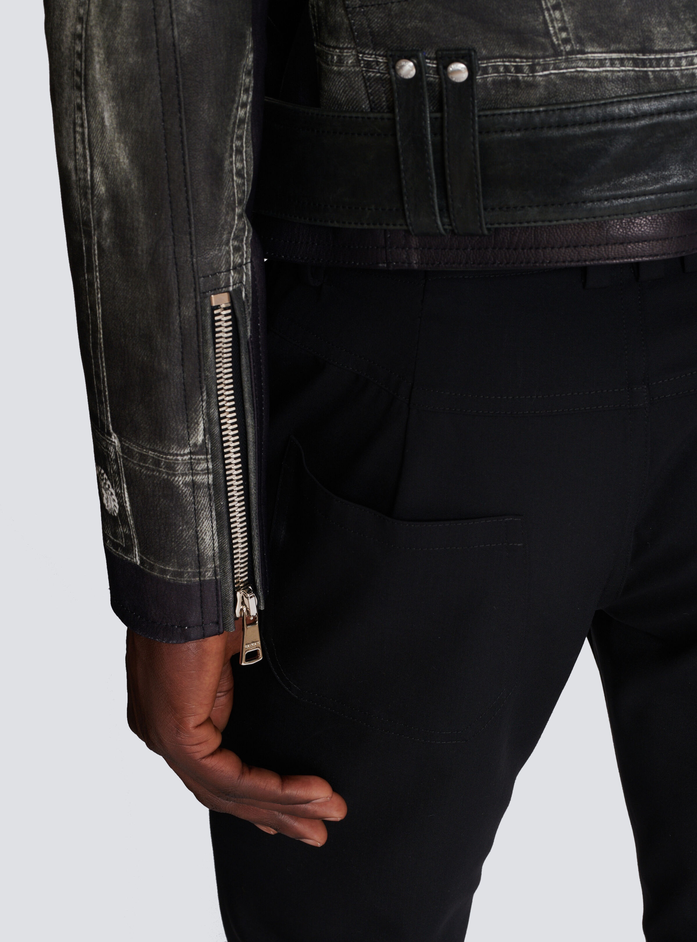 Leather biker jacket with denim print - 8