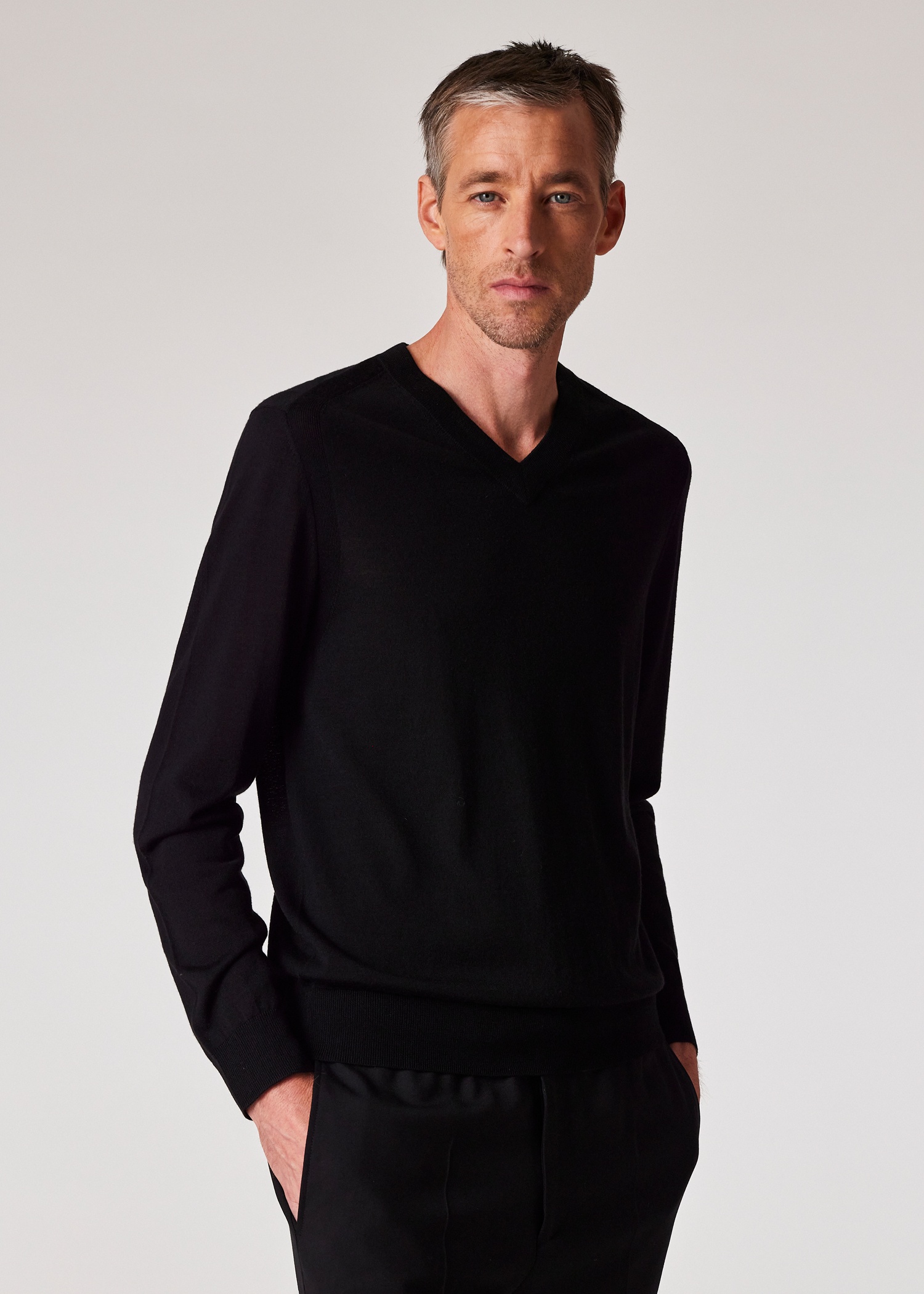 Black Merino Wool V-Neck Sweater - 3