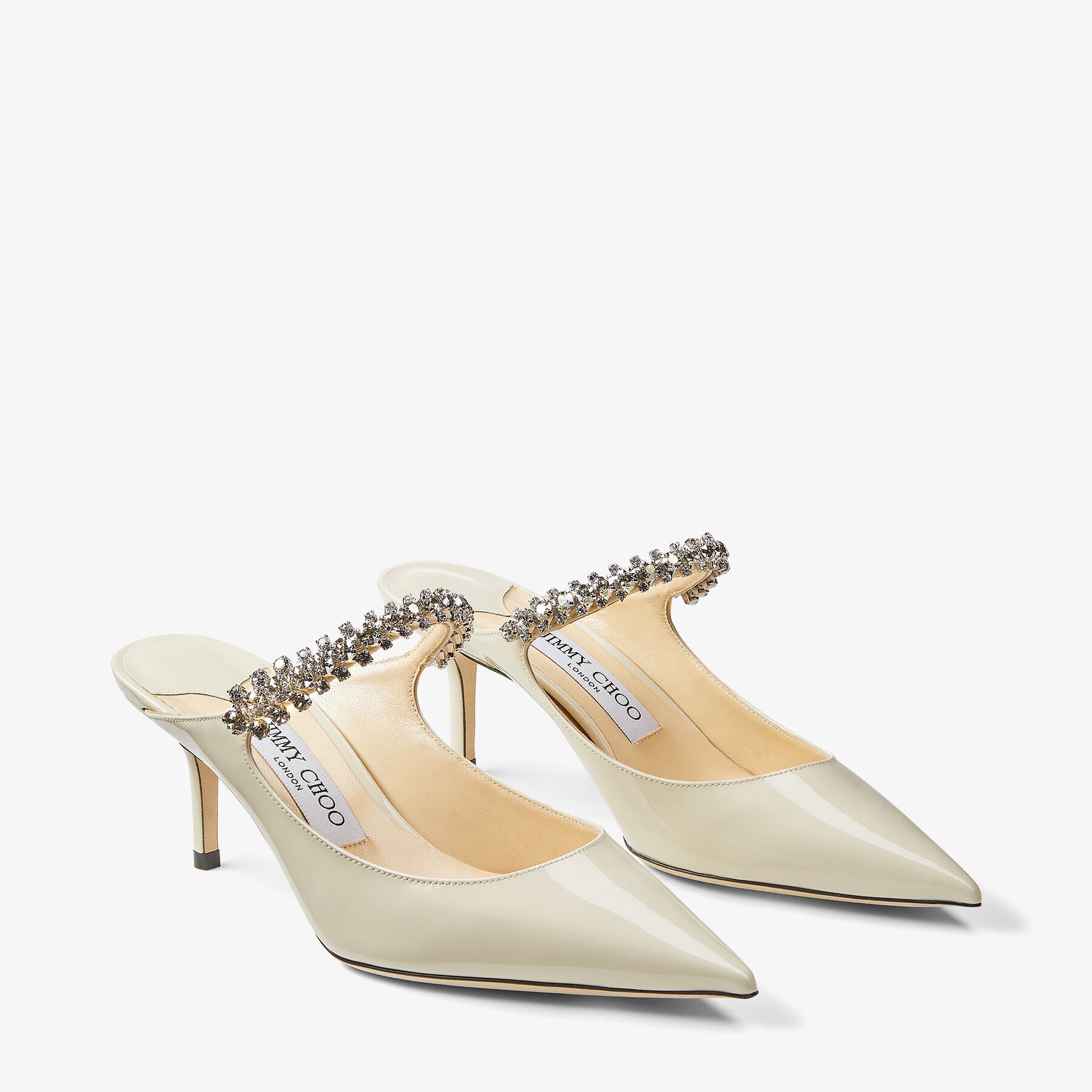 JIMMY CHOO Bing 65 Linen Patent Leather Mules with Crystal Strap |  REVERSIBLE