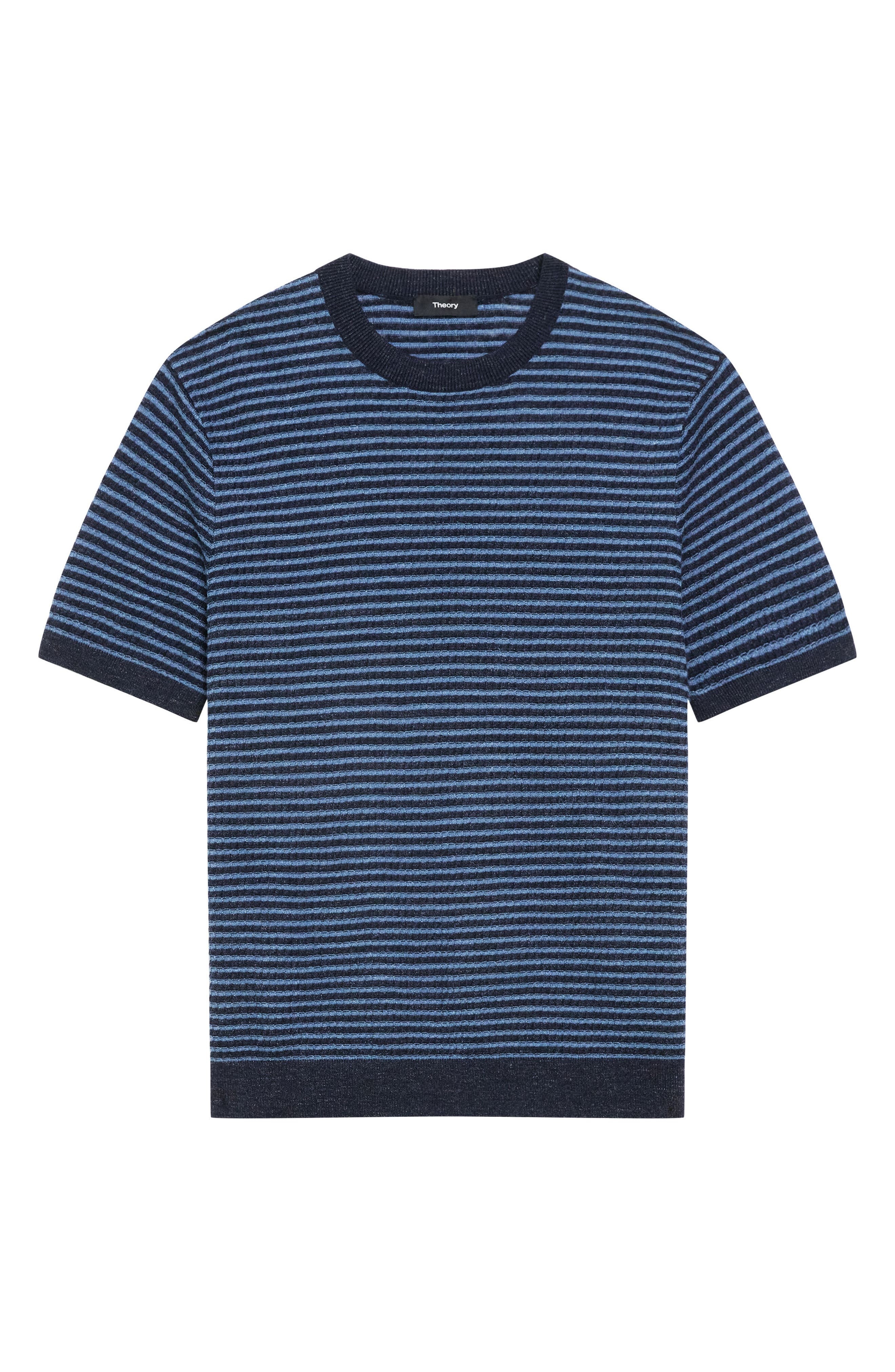 Theory Stripe Short Sleeve Linen & Cotton Blend Crewneck Sweater in Baltic/dark Rainstorm - 5