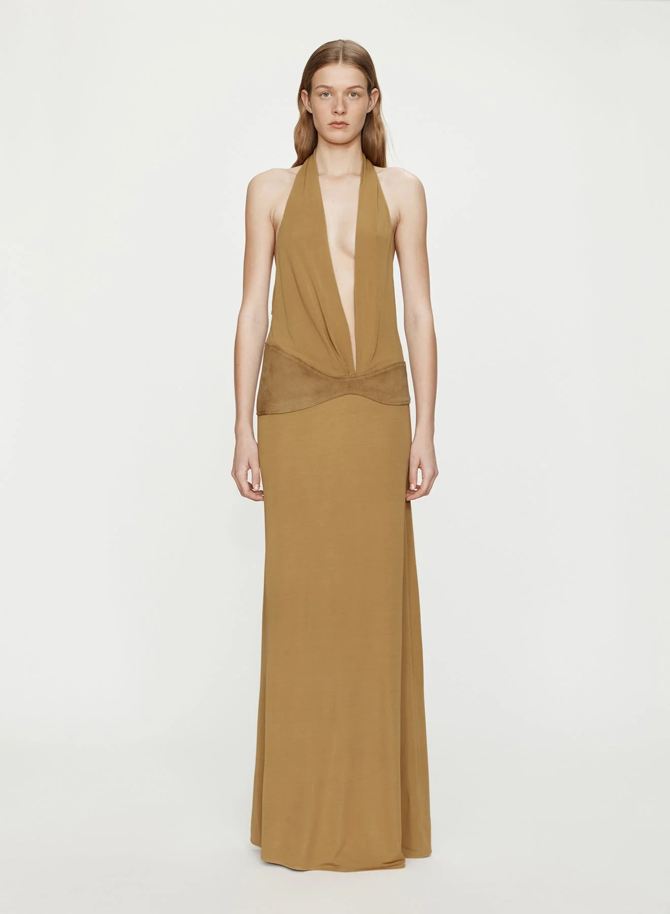 Contour Suede Belted Jersey Halter Gown - 1