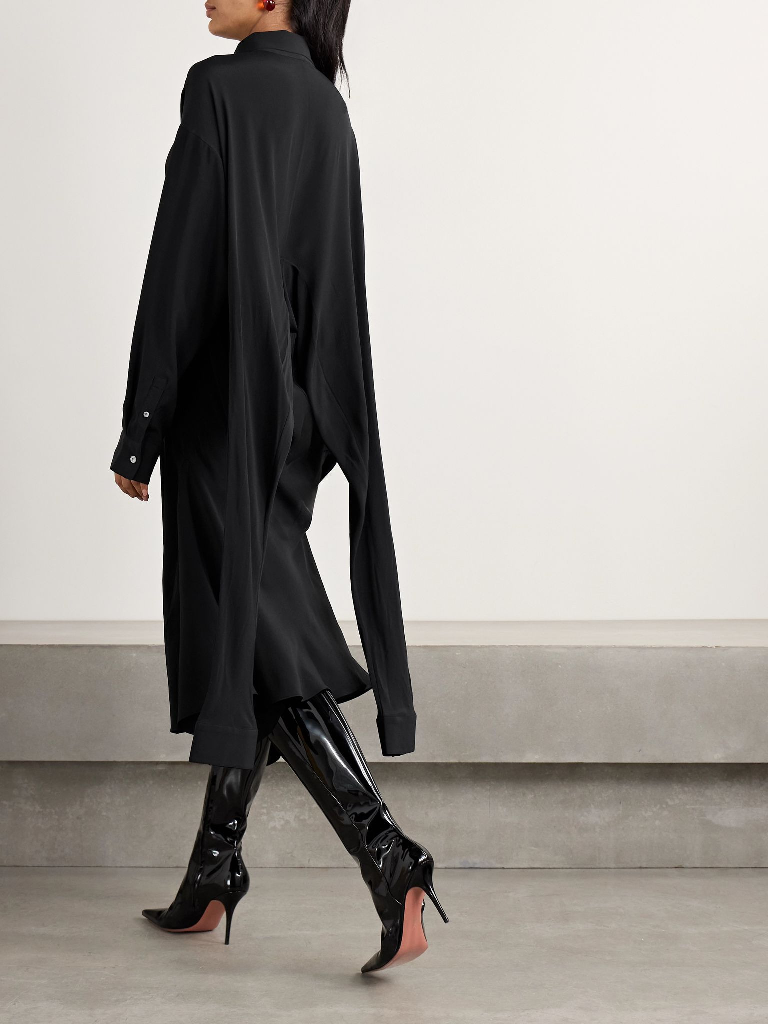 Convertible asymmetric belted crepe de chine midi shirt dress Black - 4