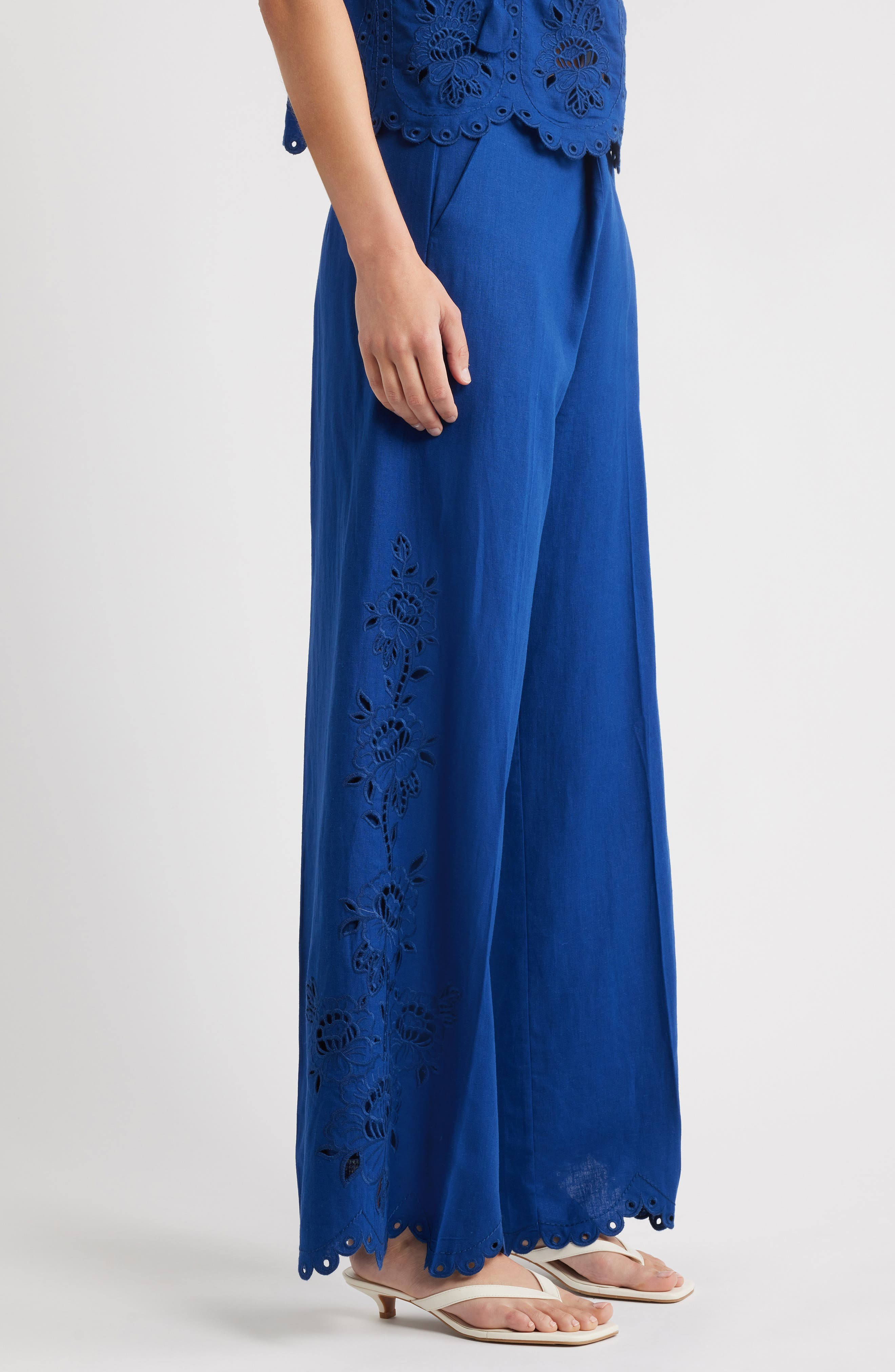 FARM Rio Richelieu Embroidery Detail Linen Blend Pants in Blue at Nordstrom - 3