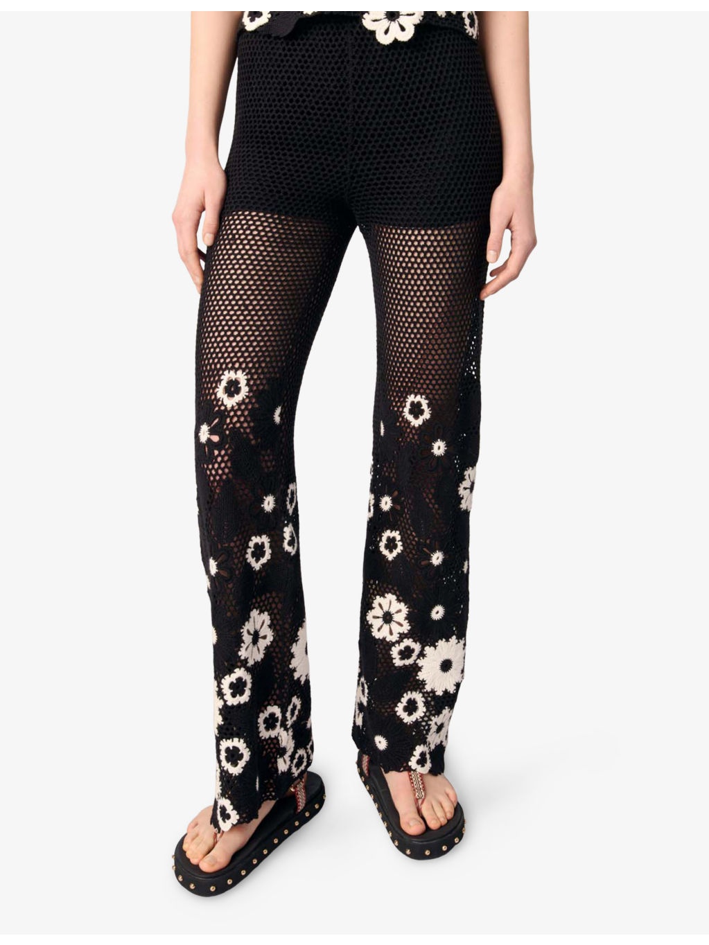 Floral-Pattern Wide-Leg Cotton-Crochet Trousers - 3