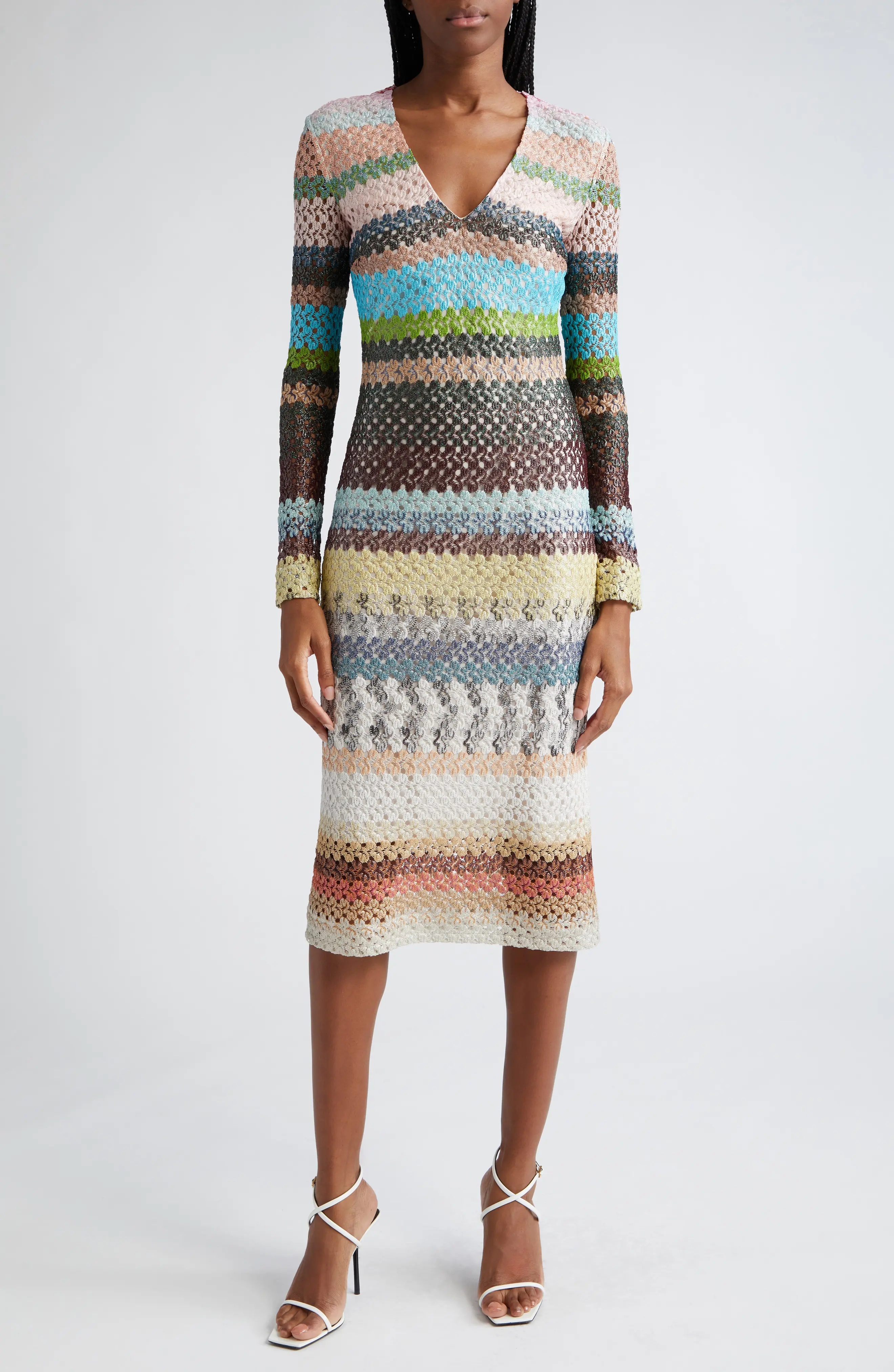 Textured Knit Long Sleeve V-Neck Dress - 1