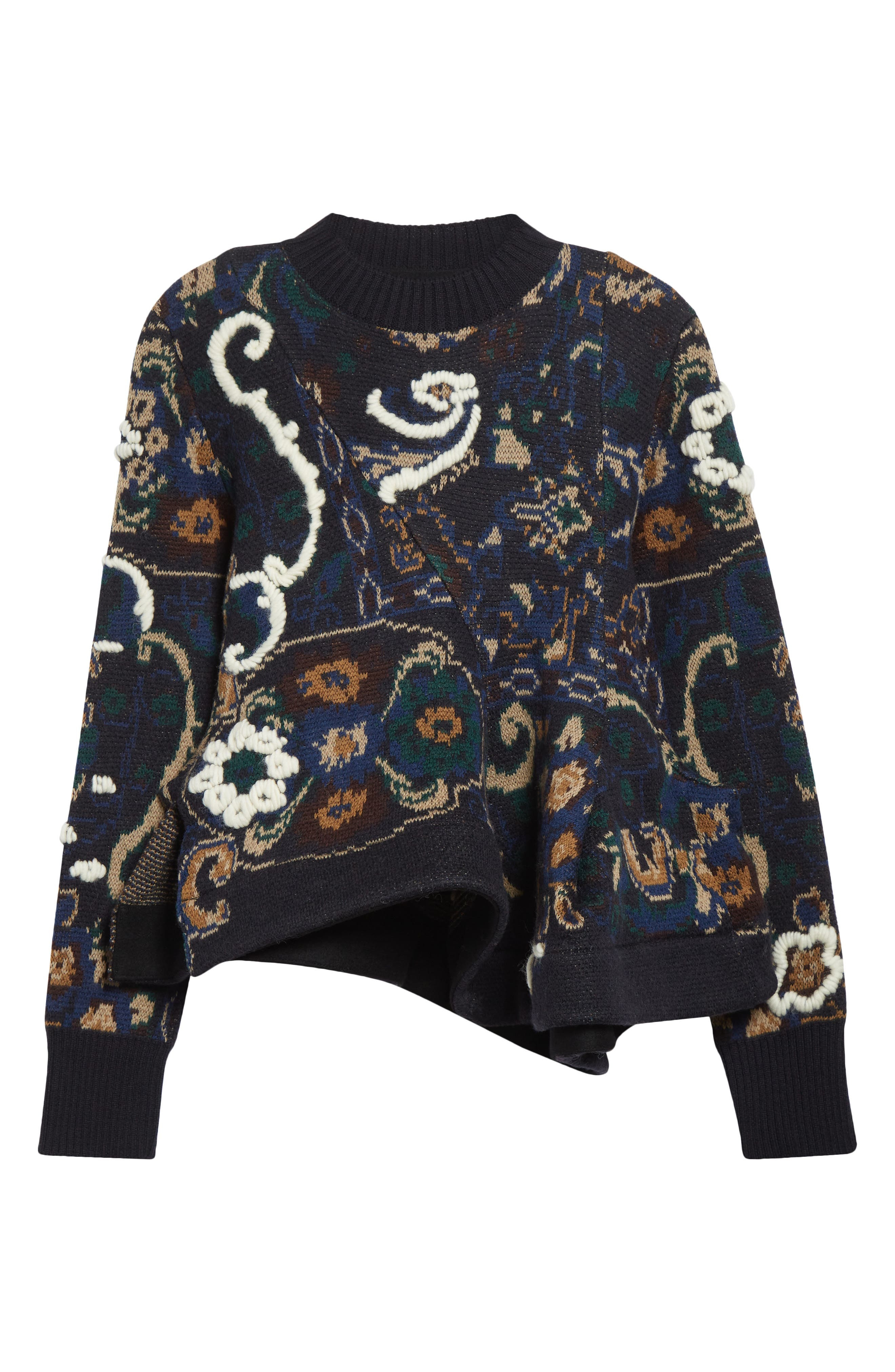 Sacai Floral Jacquard Asymmetric Wool Sweater in Navy at Nordstrom - 6