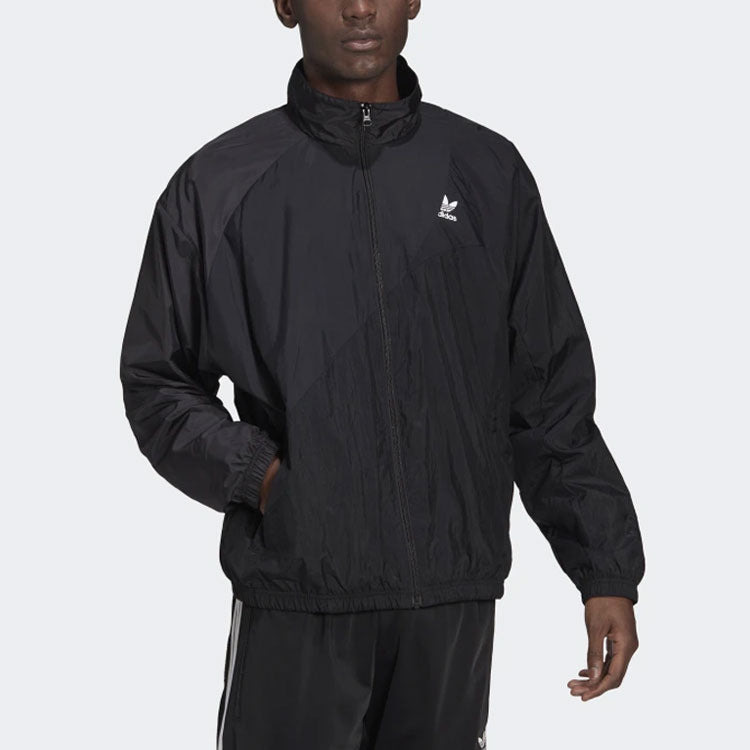 Men's adidas originals Solid Color Printing Long Sleeves Stand Collar Sports Black Jacket HE2952 - 2