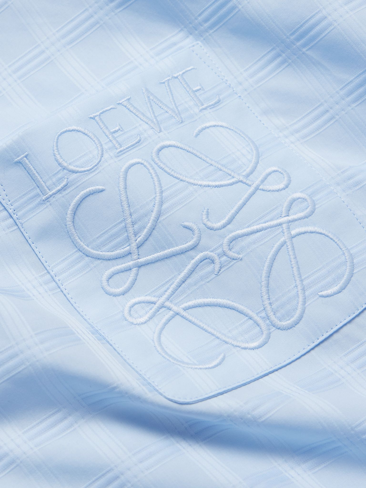 Camp-Collar Logo-Embroidered Checked Cotton-Jacquard Shirt Light blue - 4