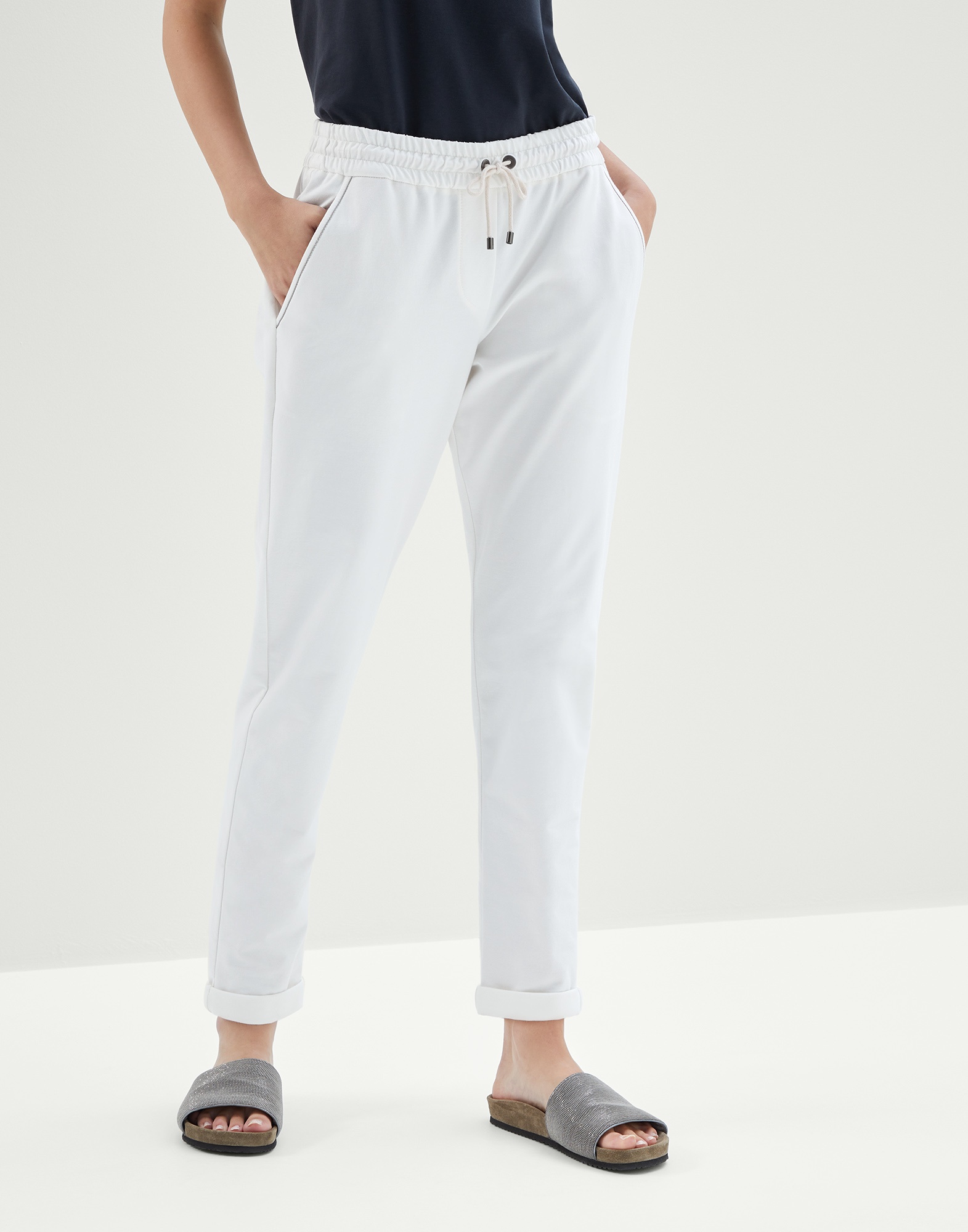 Stretch cotton lightweight French terry trousers with monili - 1