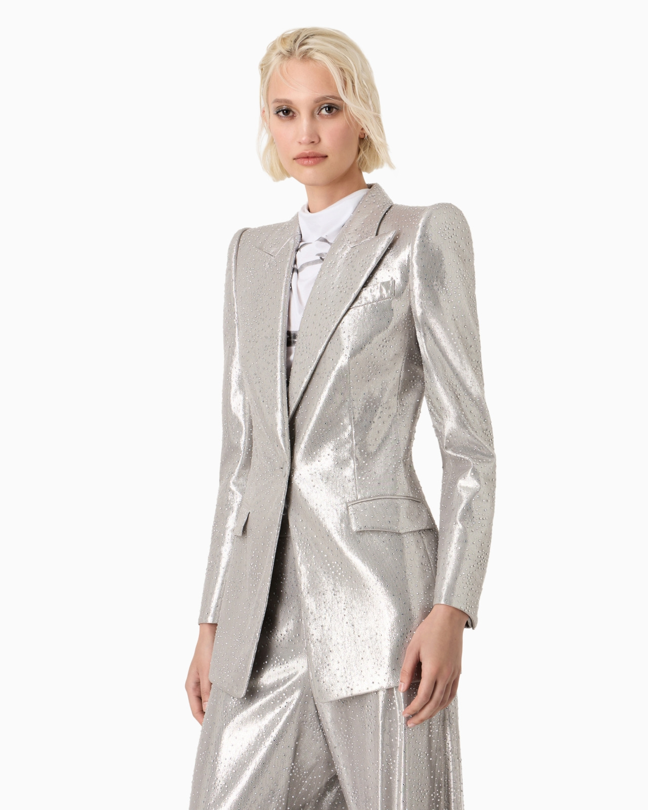 Long single-breasted jacket in silk and tulle with rhinestone embroidery - 2