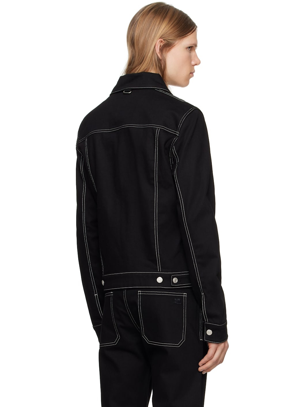 Black Topstitched Denim Trucker Jacket - 3
