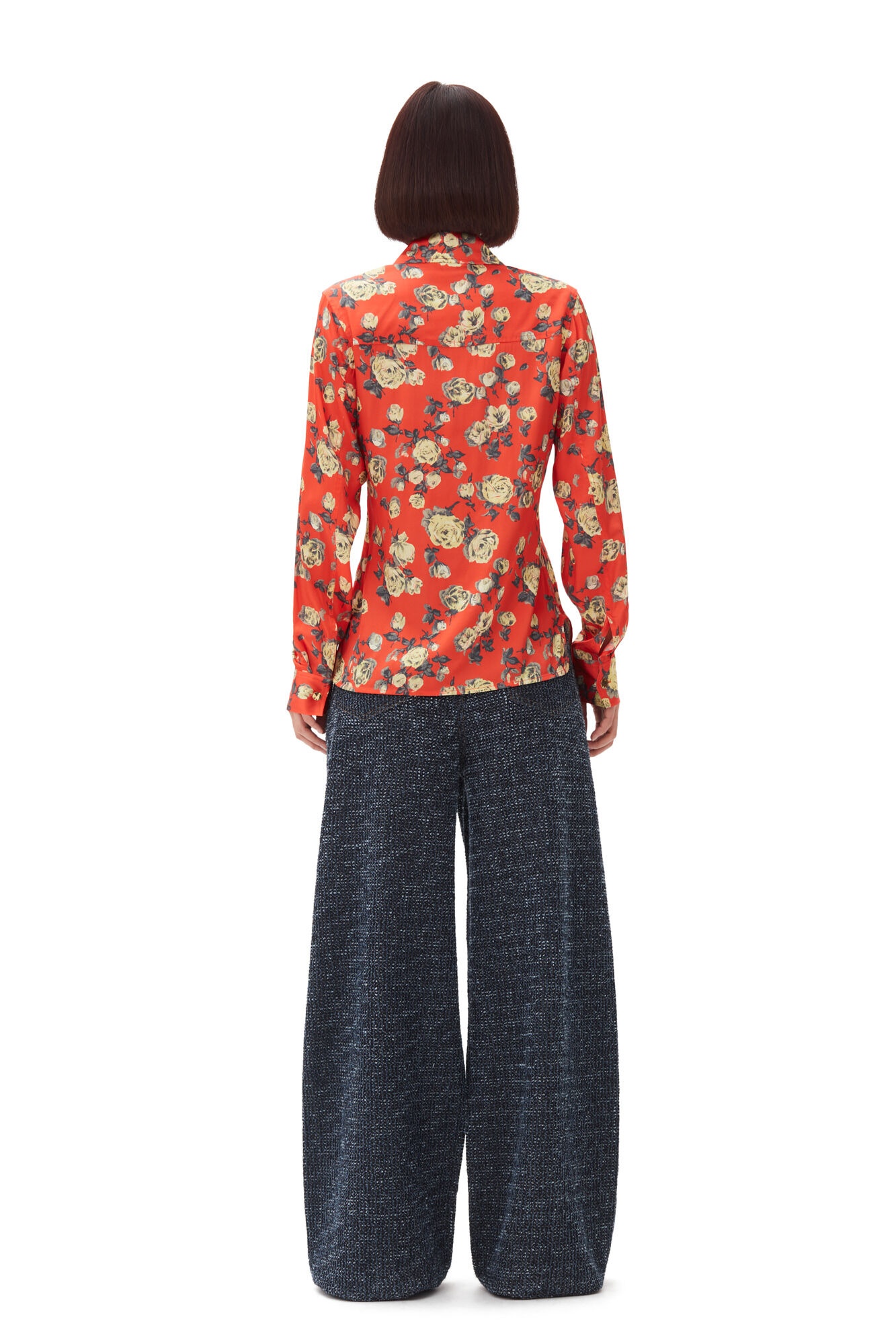 ORANGE FLORAL PRINTED SATIN SHIRT - 5