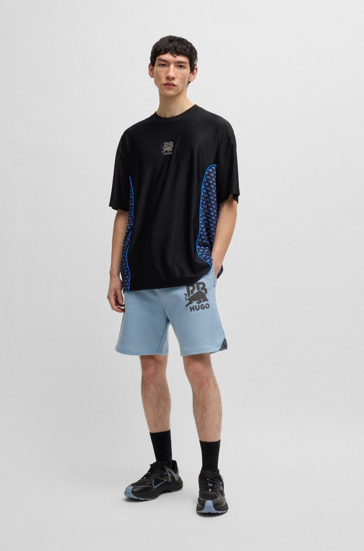 HUGO X RB COTTON-TERRY SHORTS WITH CARBON STEALTH LOGO - 4
