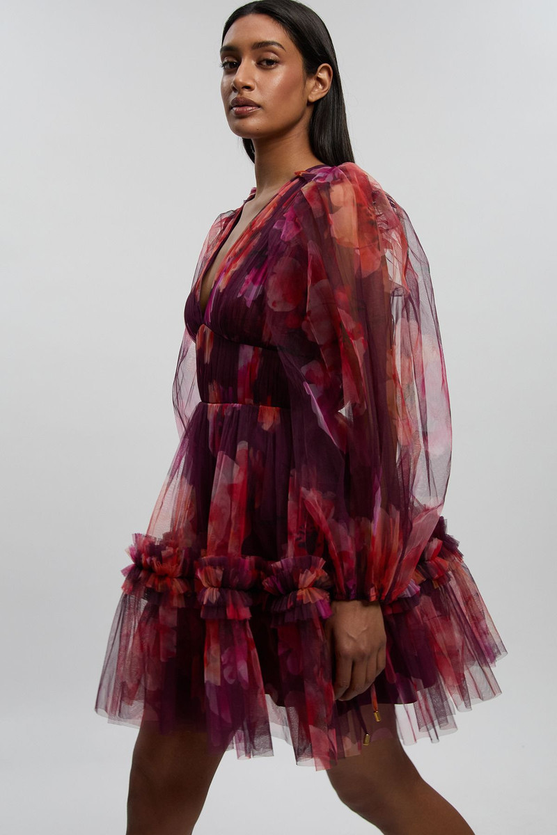 KAREN MILLEN Floral Tulle Balloon Sleeve Plunge Woven Mini Dress outlook