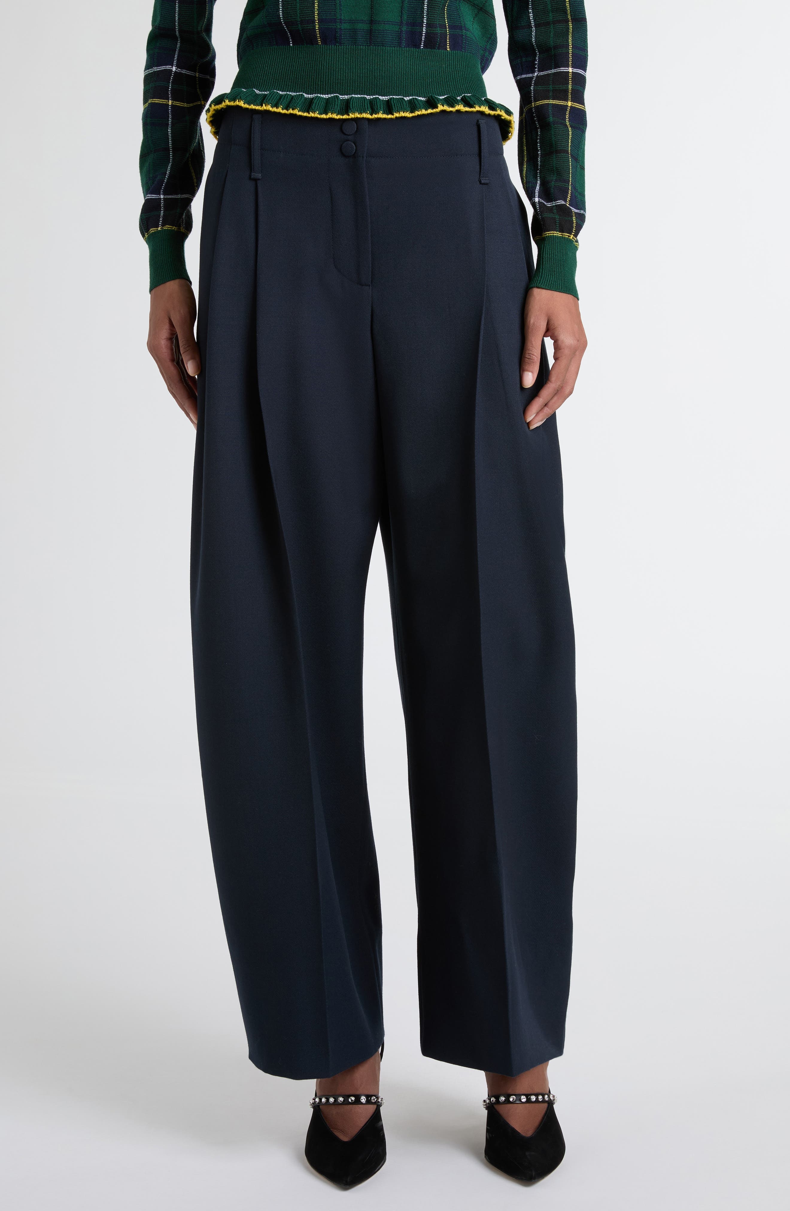 McQueen Pleated High Waist Wide Leg Tailored Wool Trousers in Navy at Nordstrom - 1