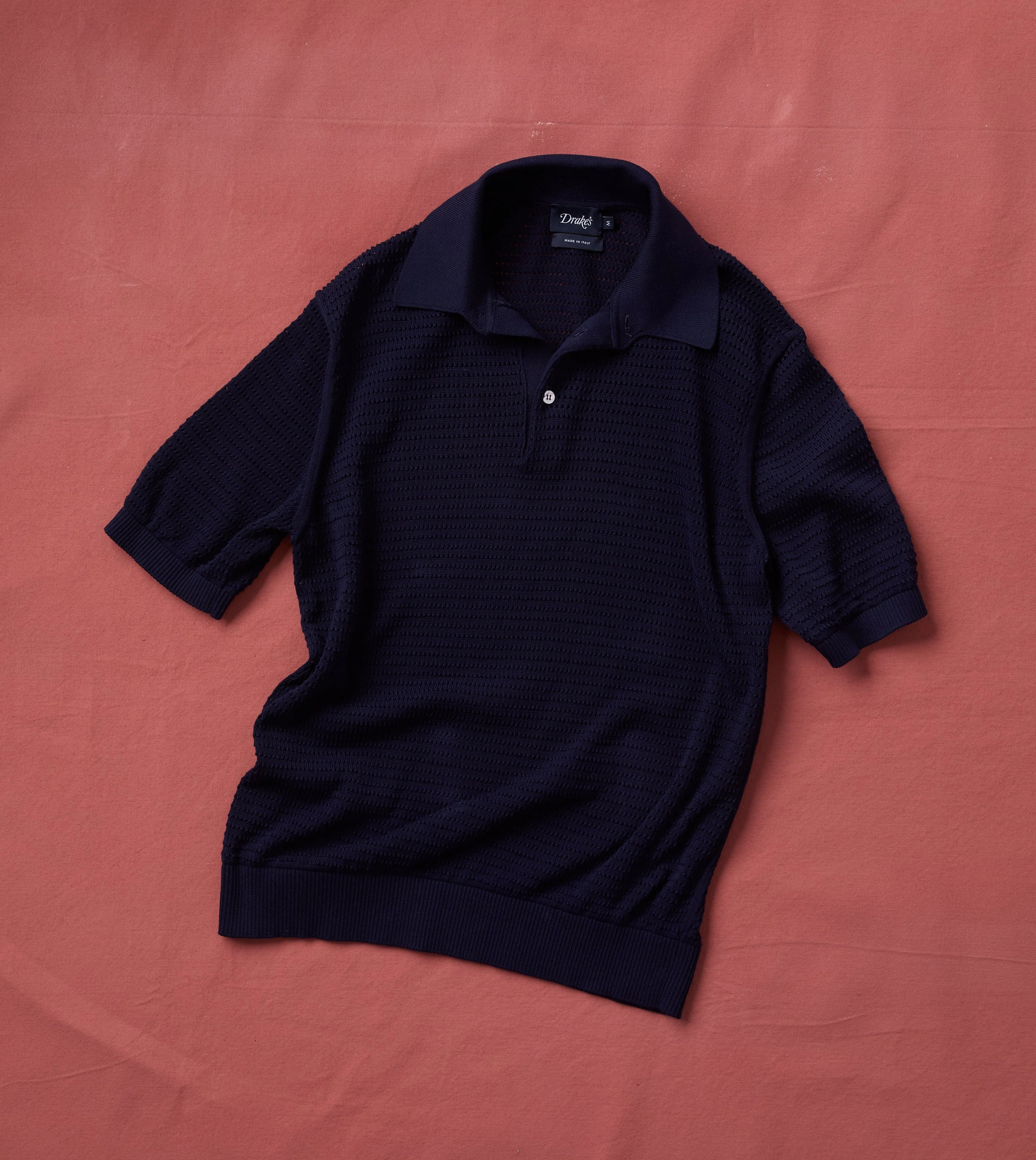 Navy Waffle Knit Cotton Short-Sleeve Polo Shirt - 1
