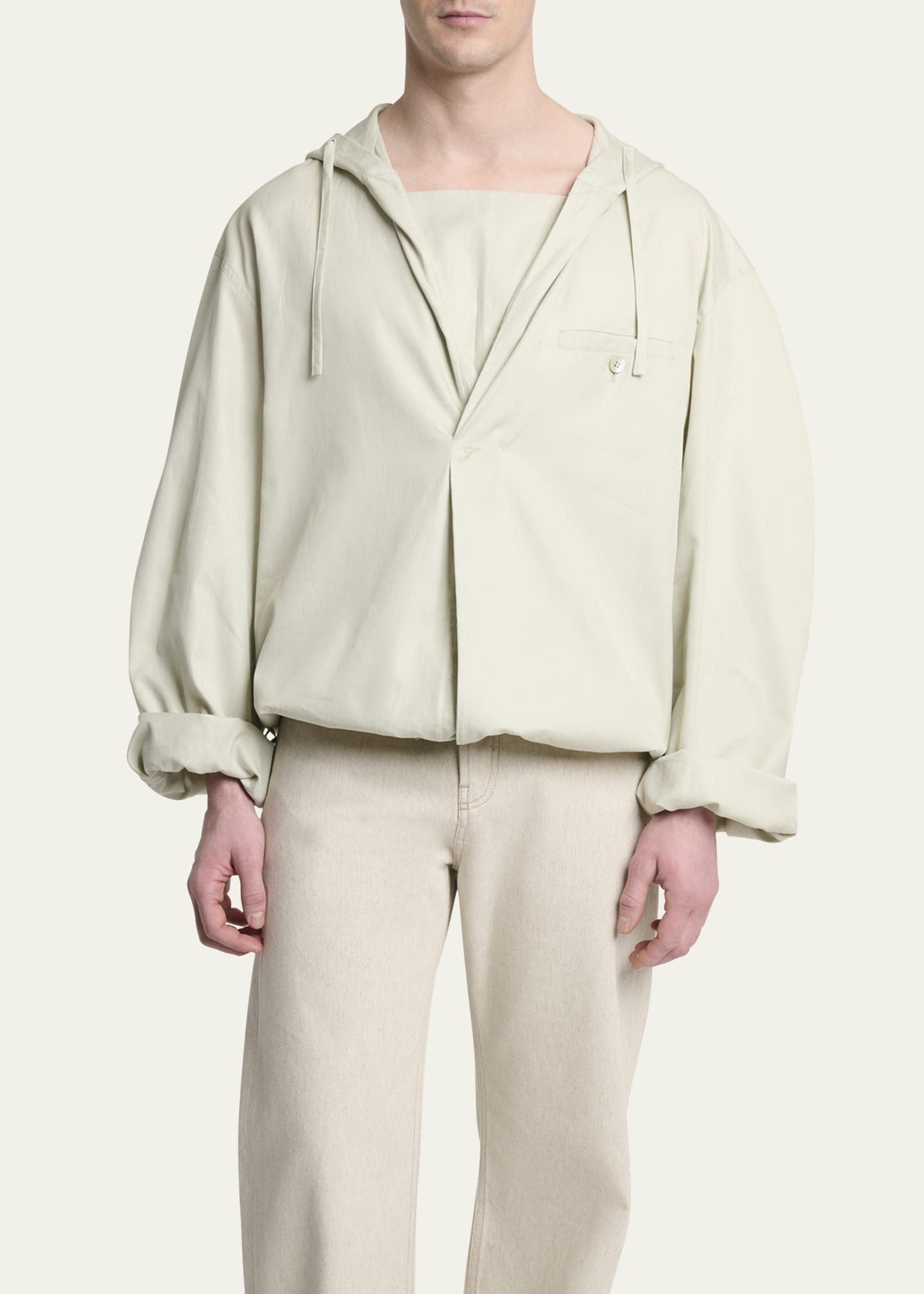 Men's La Blouse Cotton Herringbone Hooded Shirt - 4