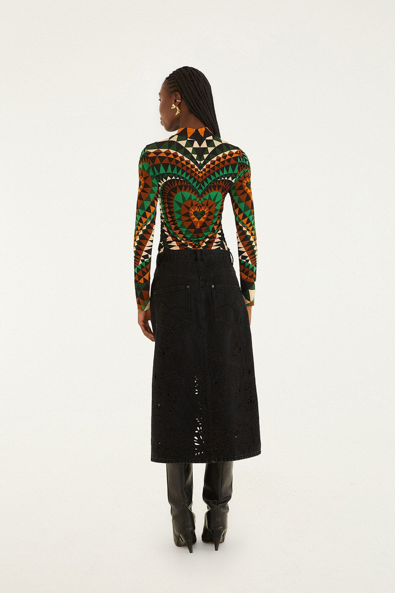 Black Denim Richelieu Front Slit Midi Skirt 3
