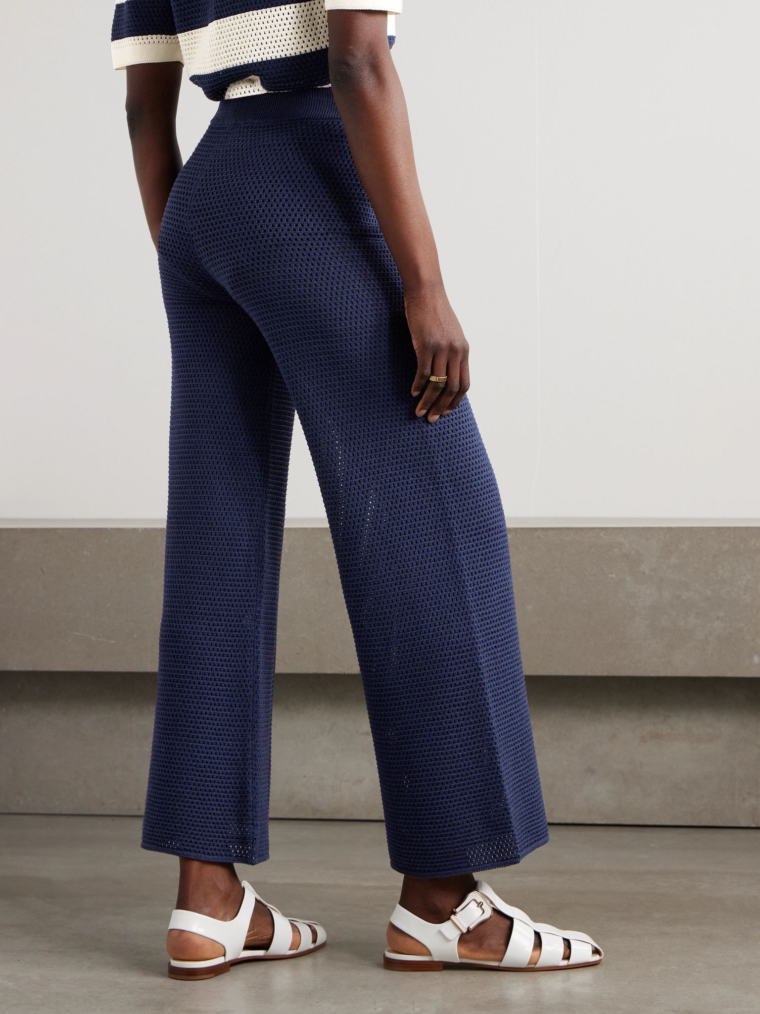 Bayadere Goeland open-knit cotton-blend wide-leg pants Navy - 4
