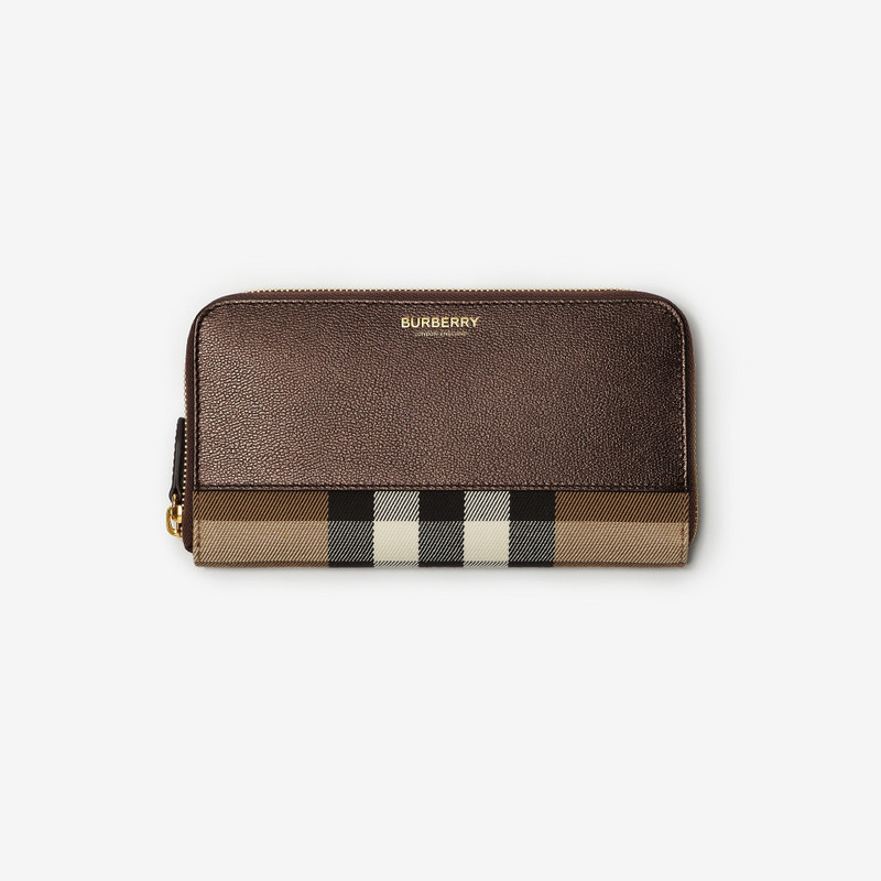 Large Check and Leather Zip Wallet 1