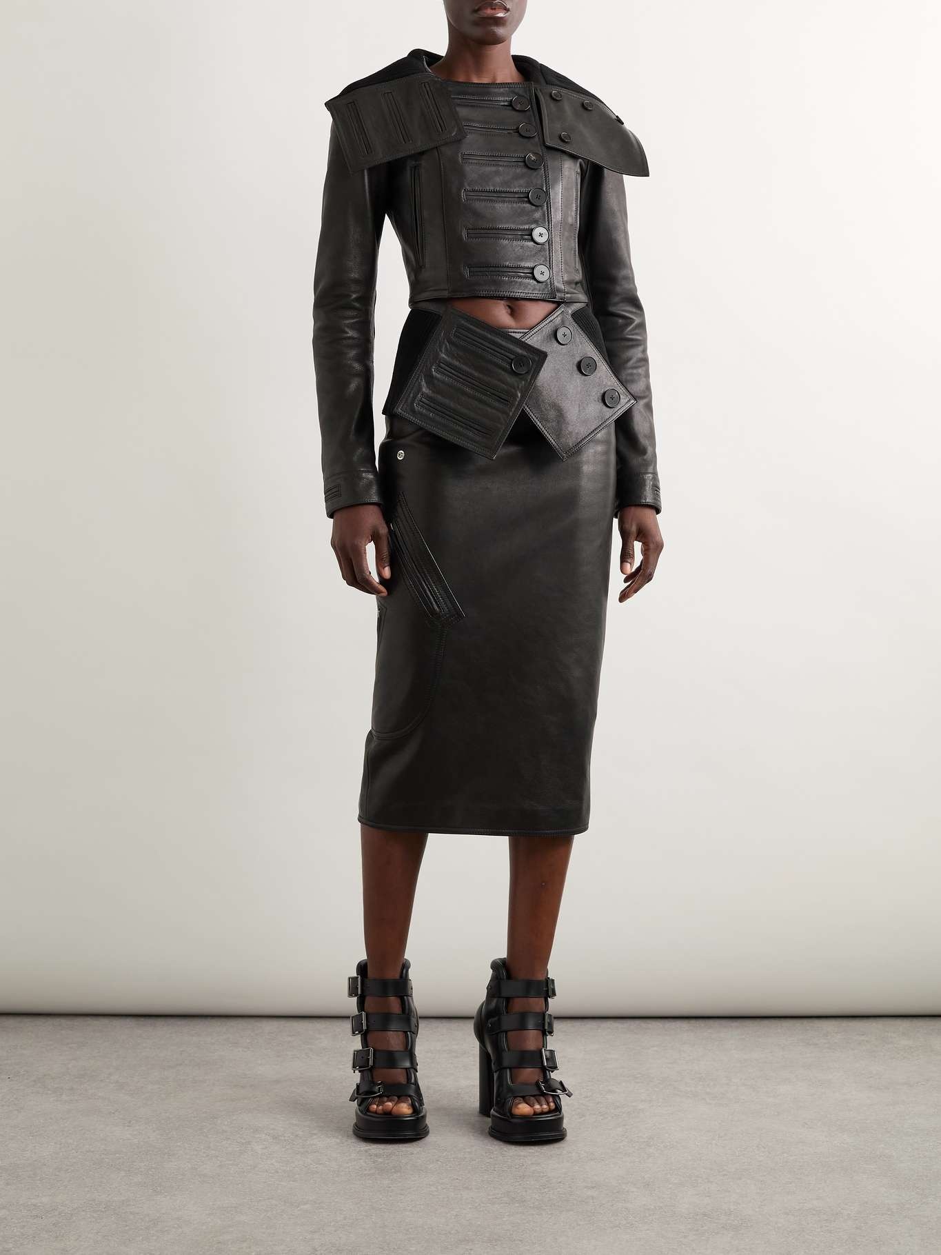 Paneled leather and ribbed cotton-blend jacket Black - 2