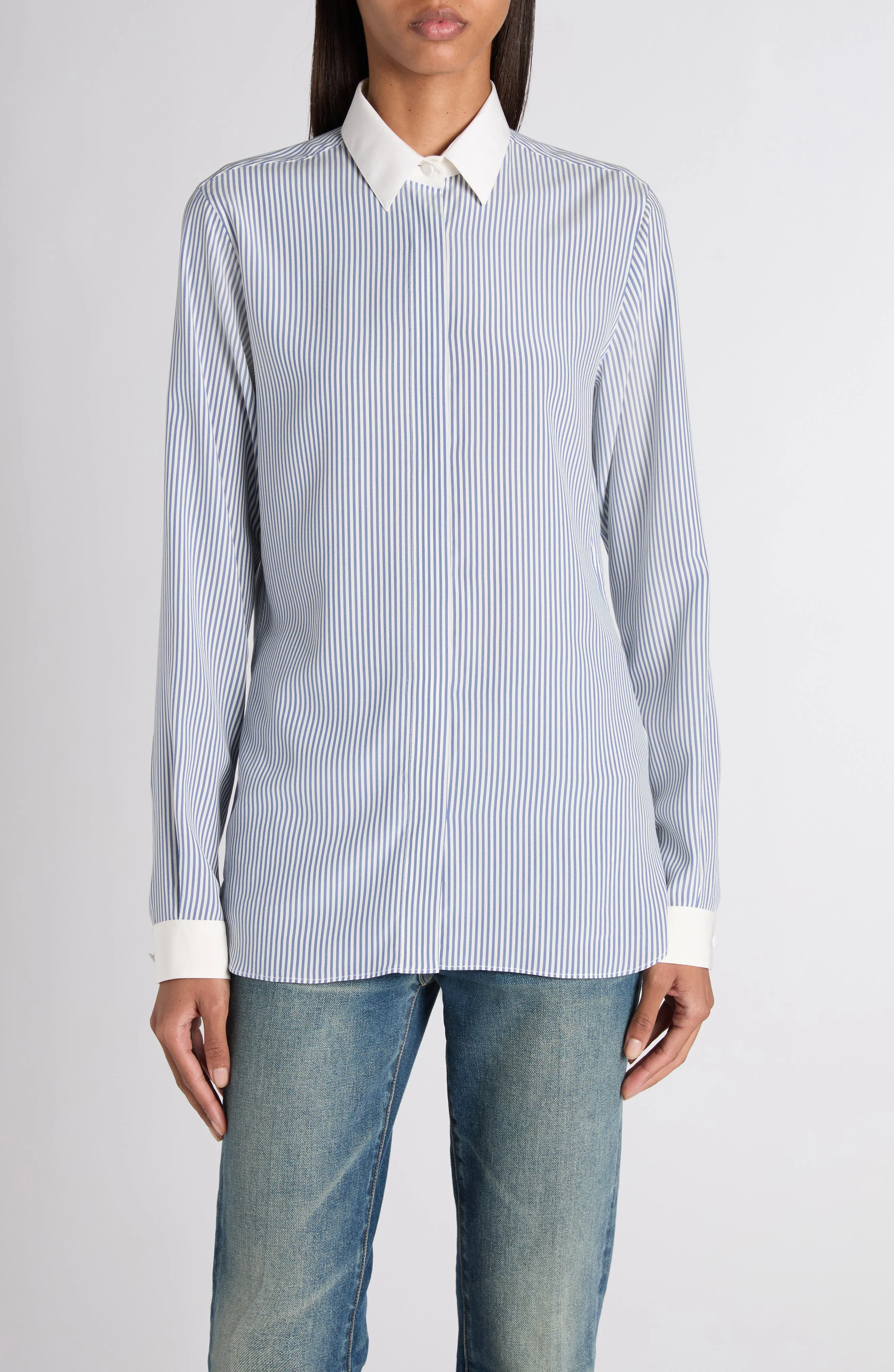 TOM FORD Stripe Silk Button-Up Shirt in Combo Blue/White at Nordstrom - 1