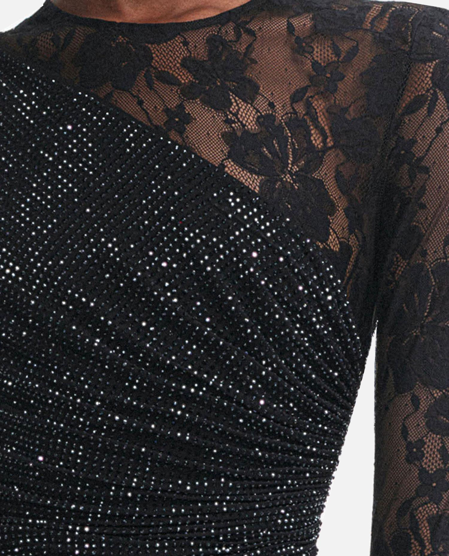 BLACK RHINESTONE LACE SLEEVES MAXI DRESS - 3