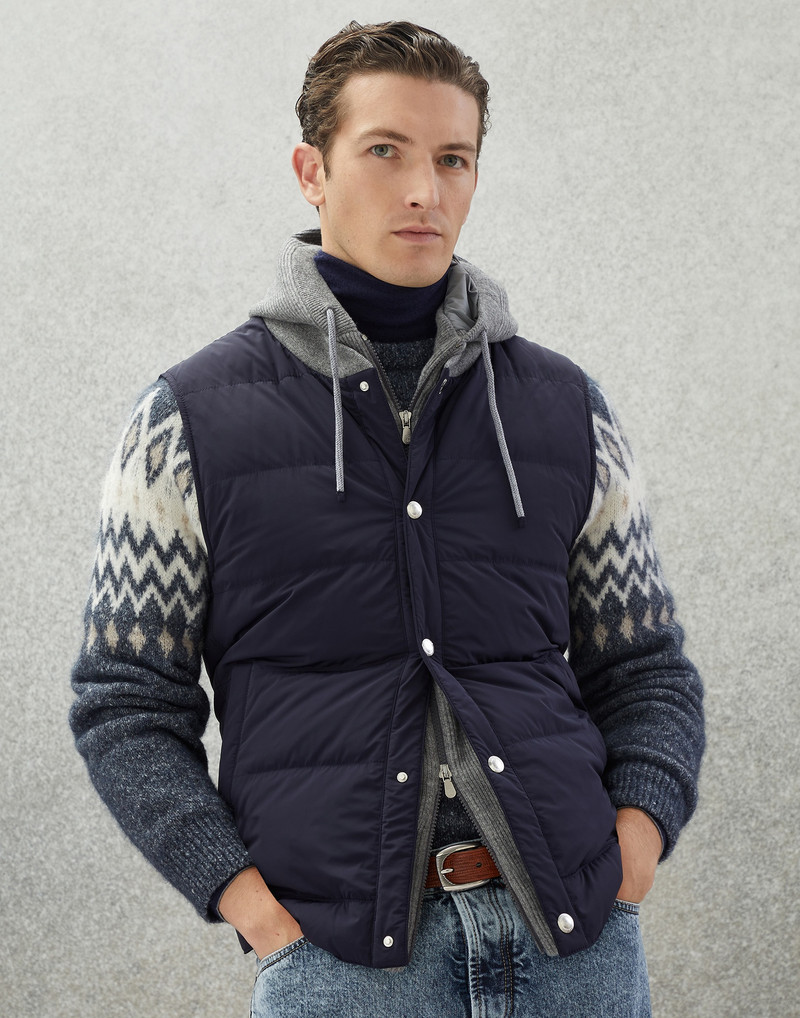 Bonded nylon down vest with knitted bib and detachable hood 1