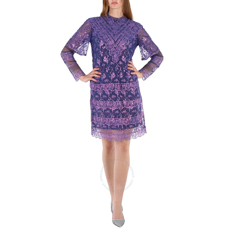Burberry Laminated Lace Cape Sleeve Dress In Bright Purple - 3