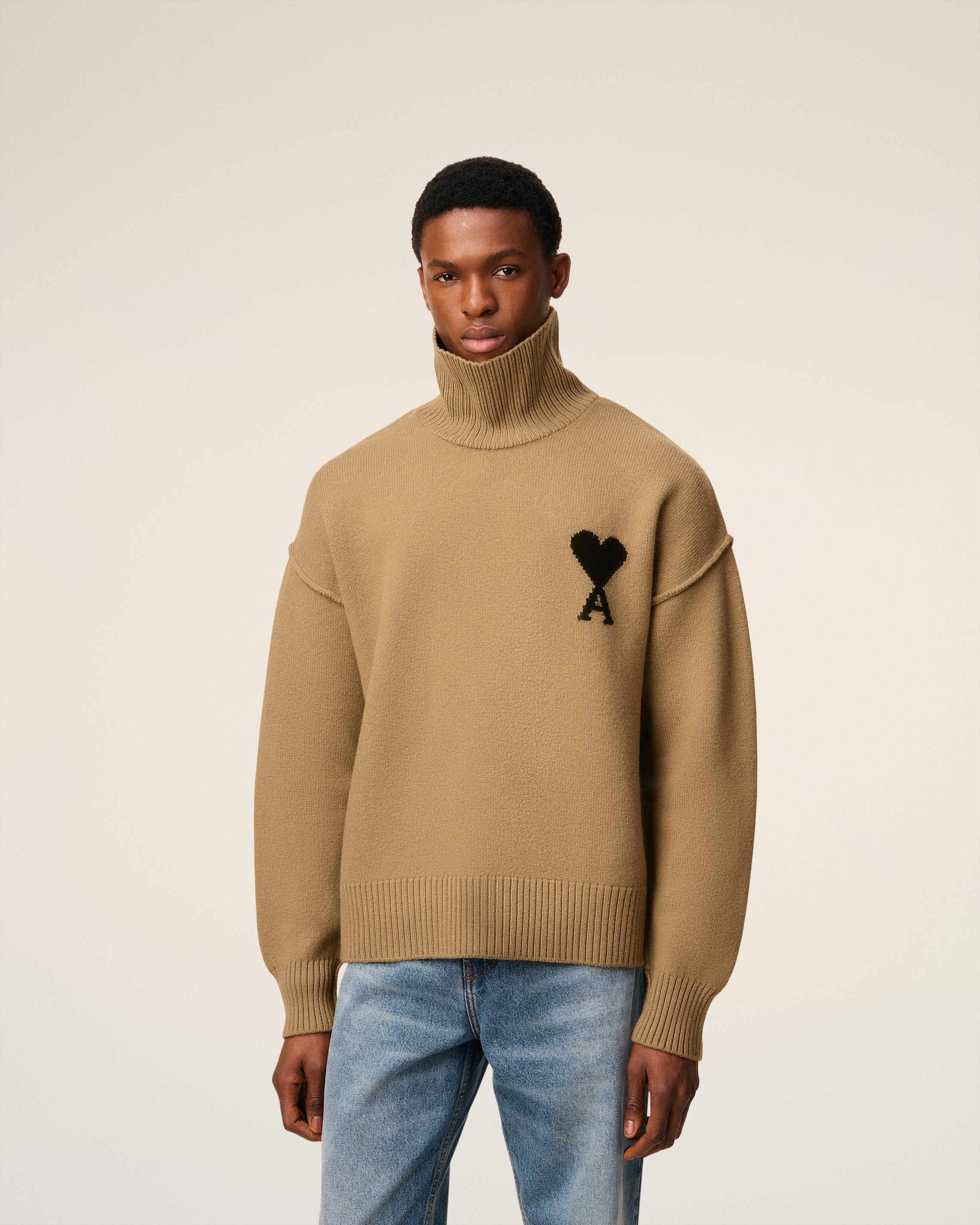 BROWN WOOL AMI DE COEUR FUNNEL NECK SWEATER - 3