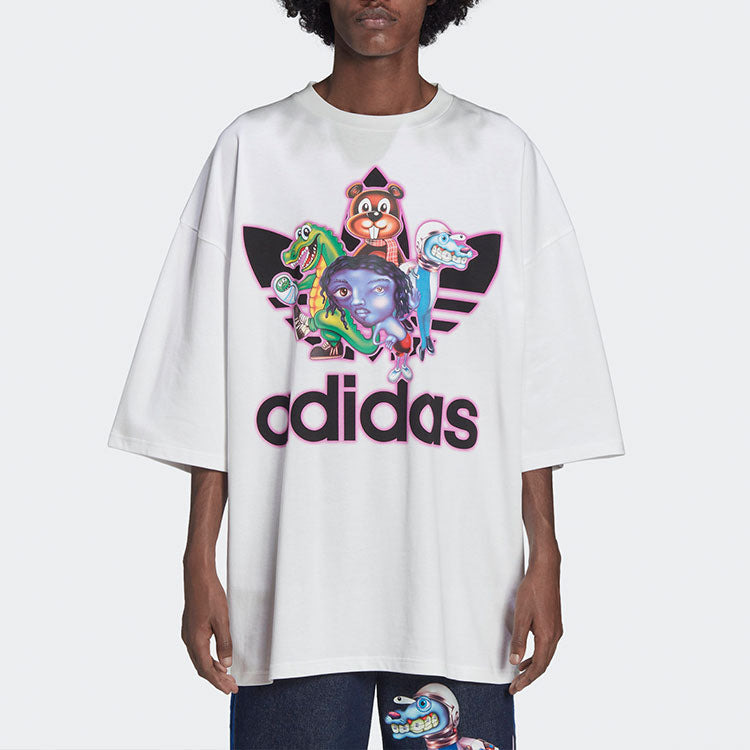 Men's adidas originals x Kerwin Frost Crossover Cartoon Printing Loose Round Neck Short Sleeve White - 4