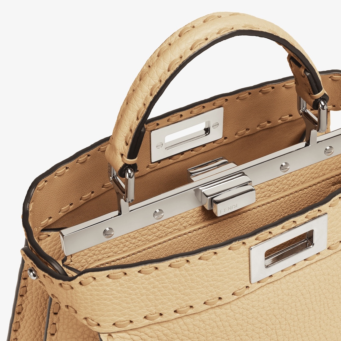 Iconic small Peekaboo ISeeU bag, made of sand-color Cuoio Romano leather, finished by hand with matc - 5