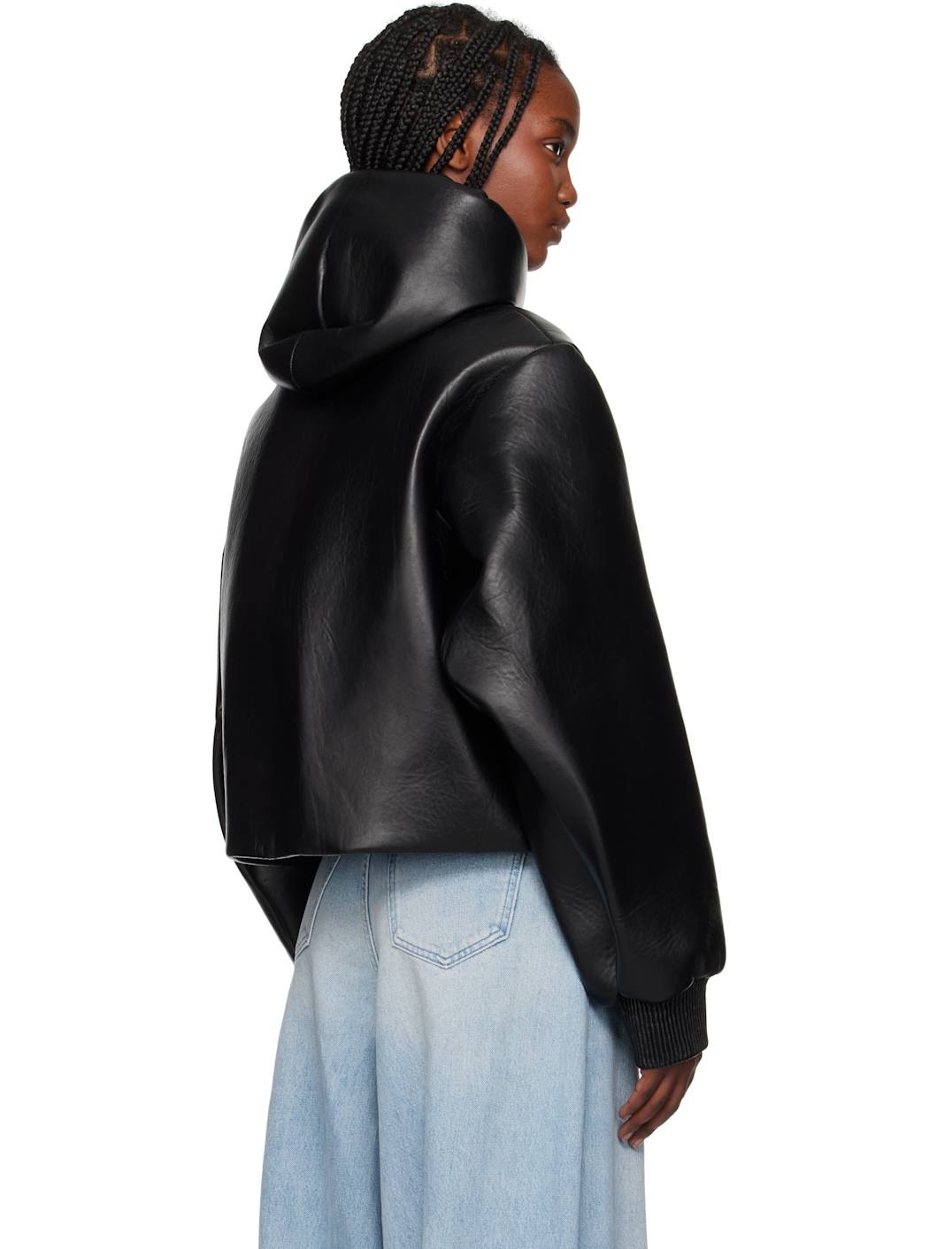 Black Cropped Hooded Blouson Leather Jacket - 3