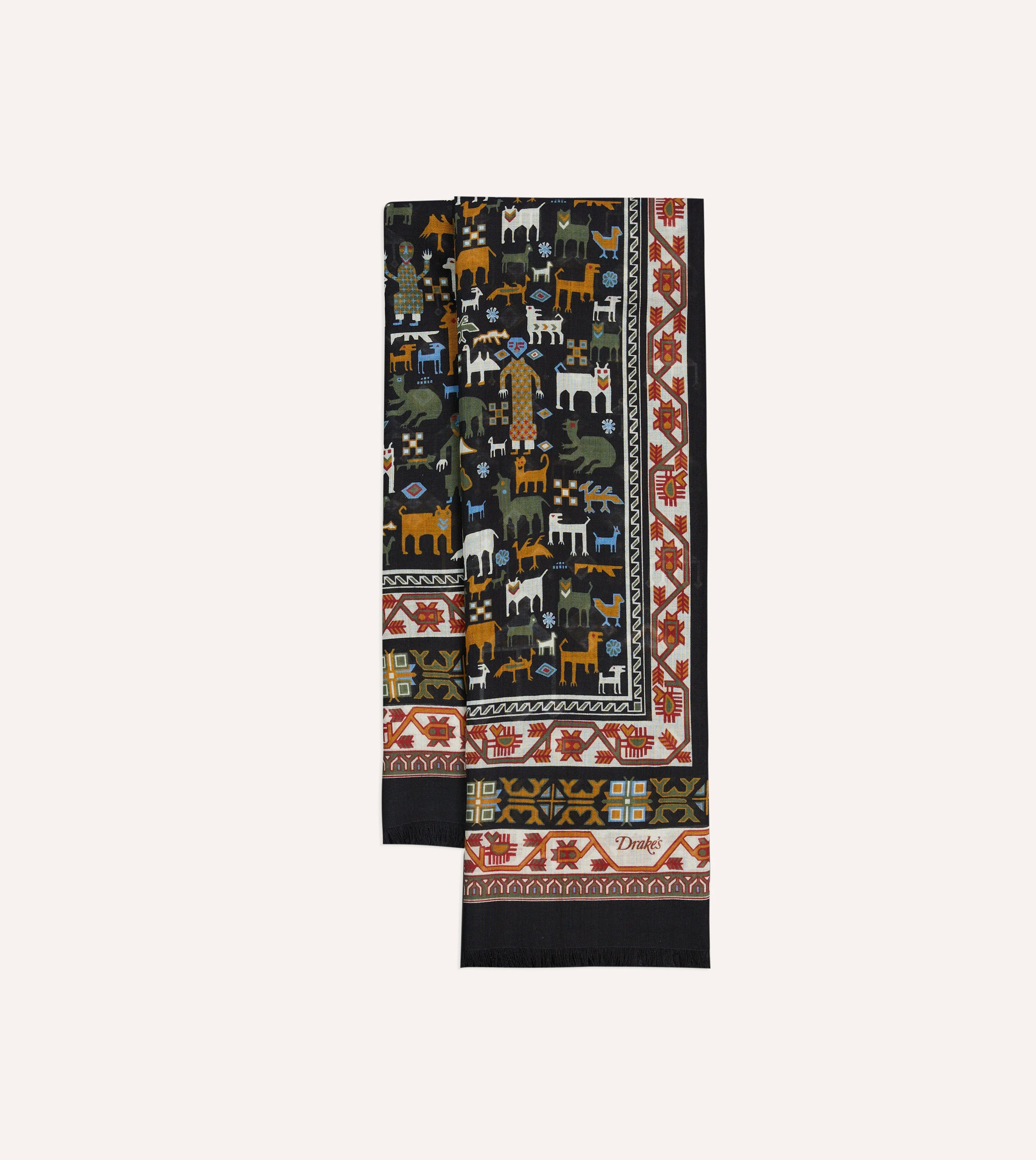 Black Shaman Print Tubular Wool-Silk Scarf - 1