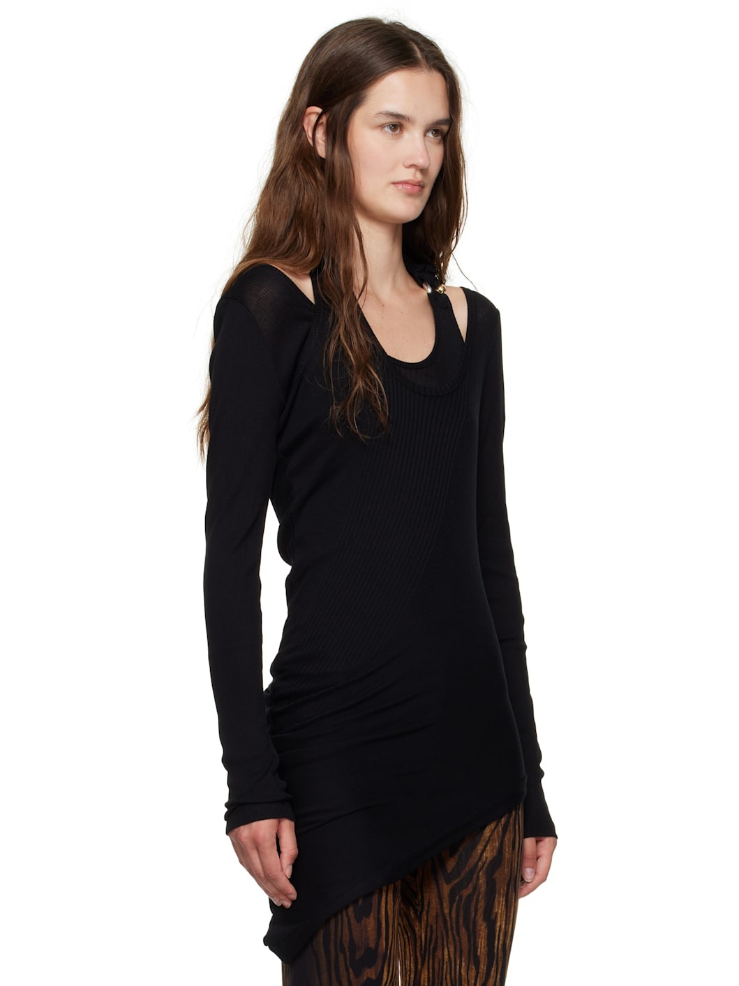 Black Ribbed Twisted Double Layer Piercing T-shirt - 2