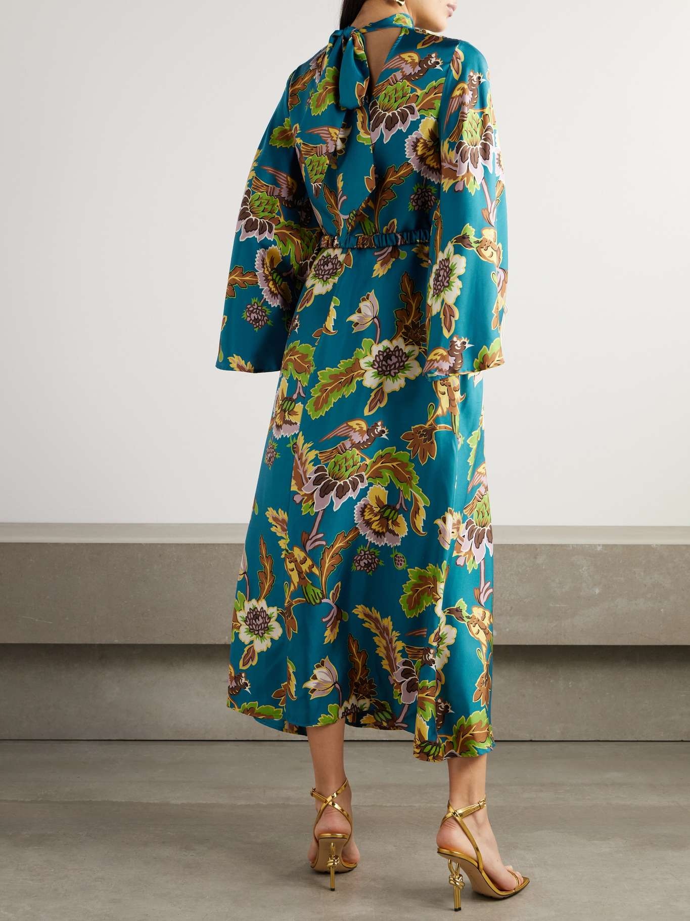 Icon Magnifico belted floral-print silk-twill midi dress Green - 4