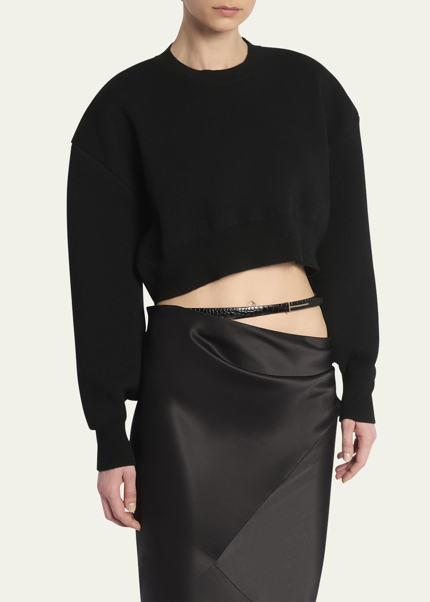 Wool-Cashmere Blouson-Sleeve Crop Sweater - 4