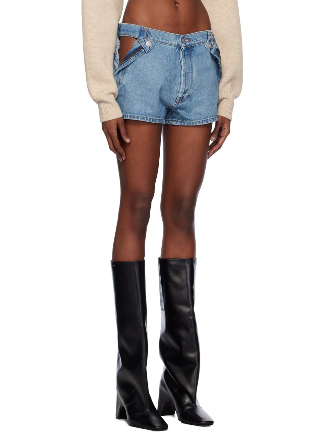 Blue Open Hip Denim Shorts - 2