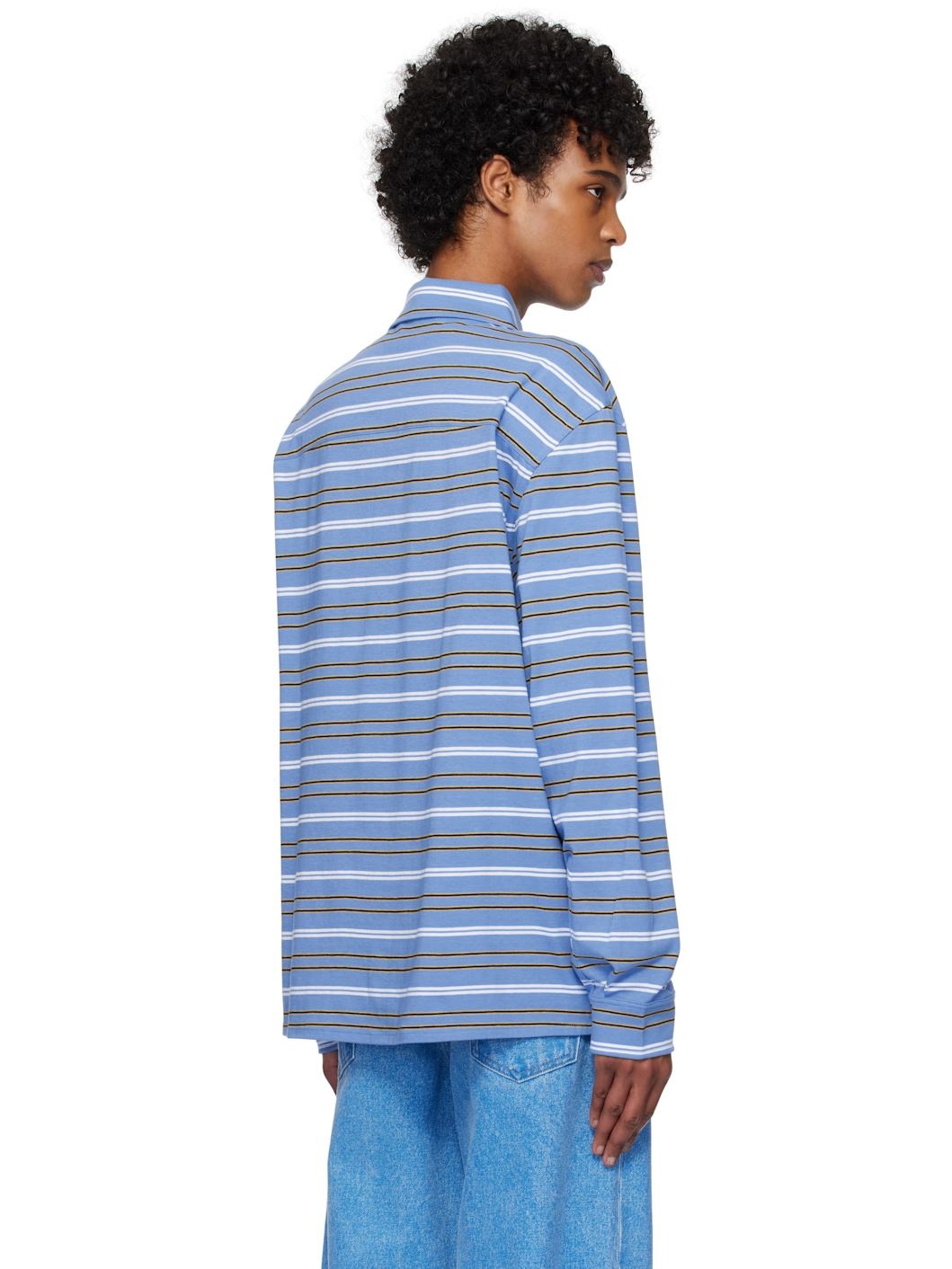 Blue & White Long Sleeved Striped Polo - 3